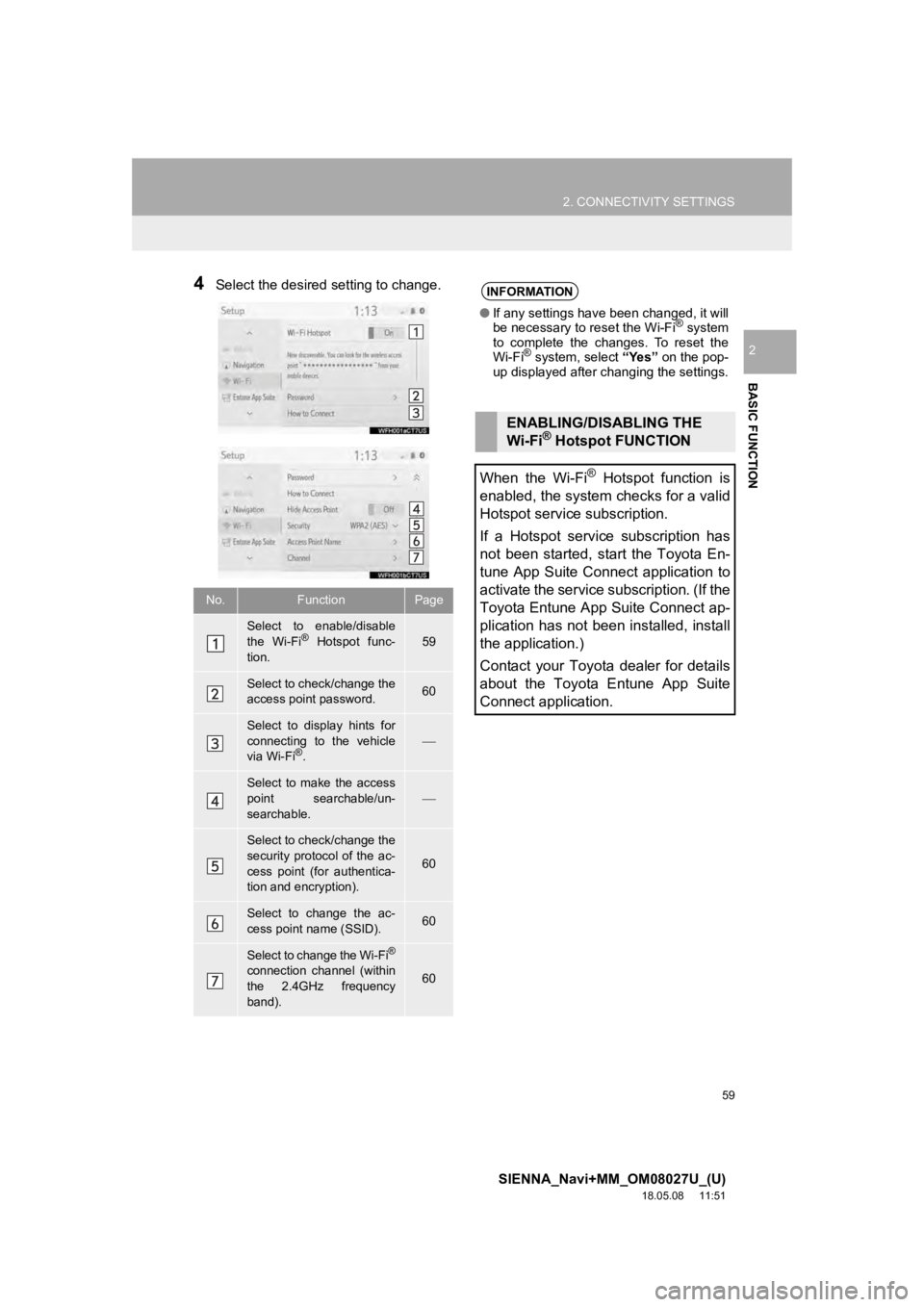 TOYOTA SIENNA 2019 Accessories, Audio & Navigation (in English) 59
2. CONNECTIVITY SETTINGS
SIENNA_Navi+MM_OM08027U_(U)
18.05.08 11:51
BASIC FUNCTION
2
4Select the desired setting to change.
No.FunctionPage
Select to enable/disable
the Wi-Fi® Hotspot fun TOYOTA SIENNA 2019 Accessories, Audio & Navigation (in English) 59
2. CONNECTIVITY SETTINGS
SIENNA_Navi+MM_OM08027U_(U)
18.05.08 11:51
BASIC FUNCTION
2
4Select the desired setting to change.
No.FunctionPage
Select to enable/disable
the Wi-Fi® Hotspot fun