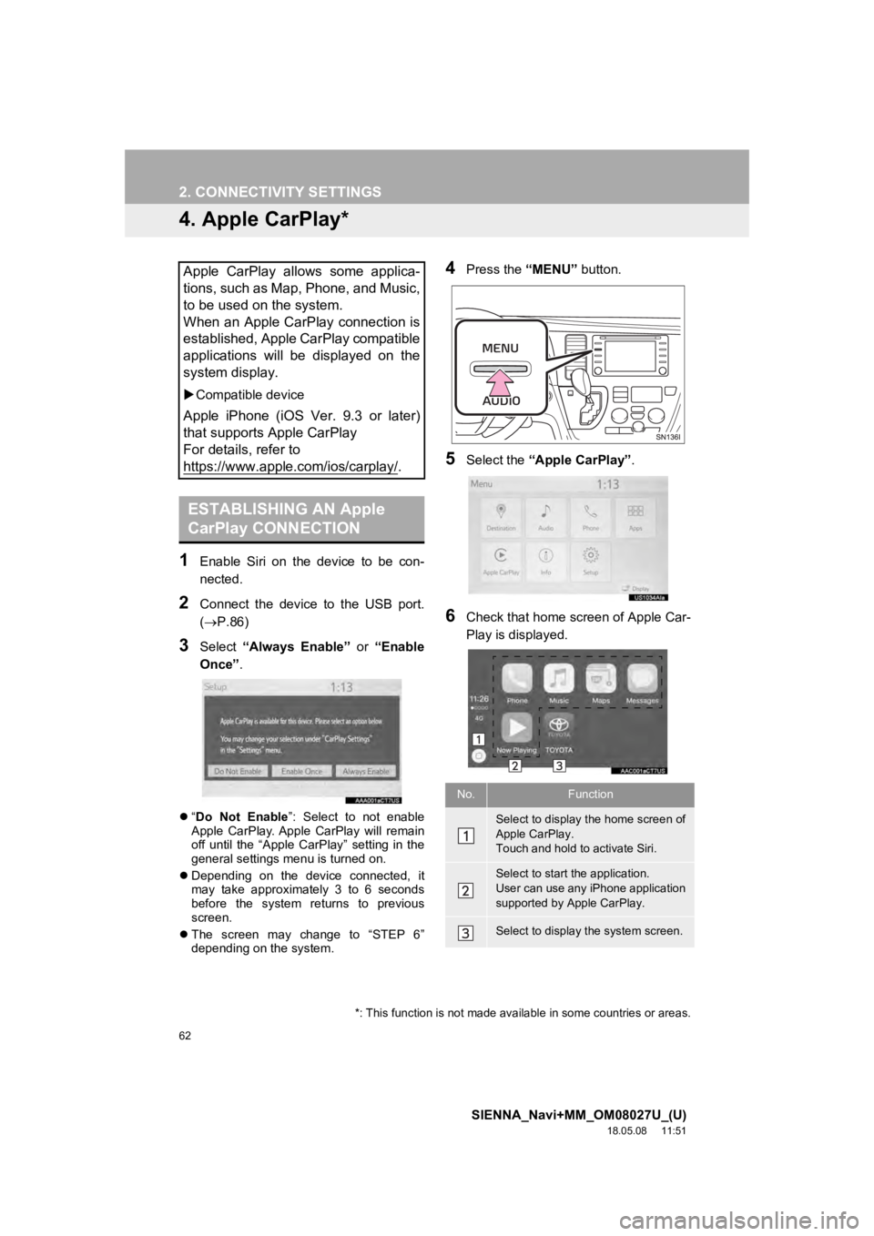 TOYOTA SIENNA 2019 Accessories, Audio & Navigation (in English) 62
2. CONNECTIVITY SETTINGS
SIENNA_Navi+MM_OM08027U_(U)
18.05.08 11:51
4. Apple CarPlay*
1Enable Siri on the device to be con-
nected.
2Connect the device to the USB port.
(P.86)
3 TOYOTA SIENNA 2019 Accessories, Audio & Navigation (in English) 62
2. CONNECTIVITY SETTINGS
SIENNA_Navi+MM_OM08027U_(U)
18.05.08 11:51
4. Apple CarPlay*
1Enable Siri on the device to be con-
nected.
2Connect the device to the USB port.
(P.86)
3