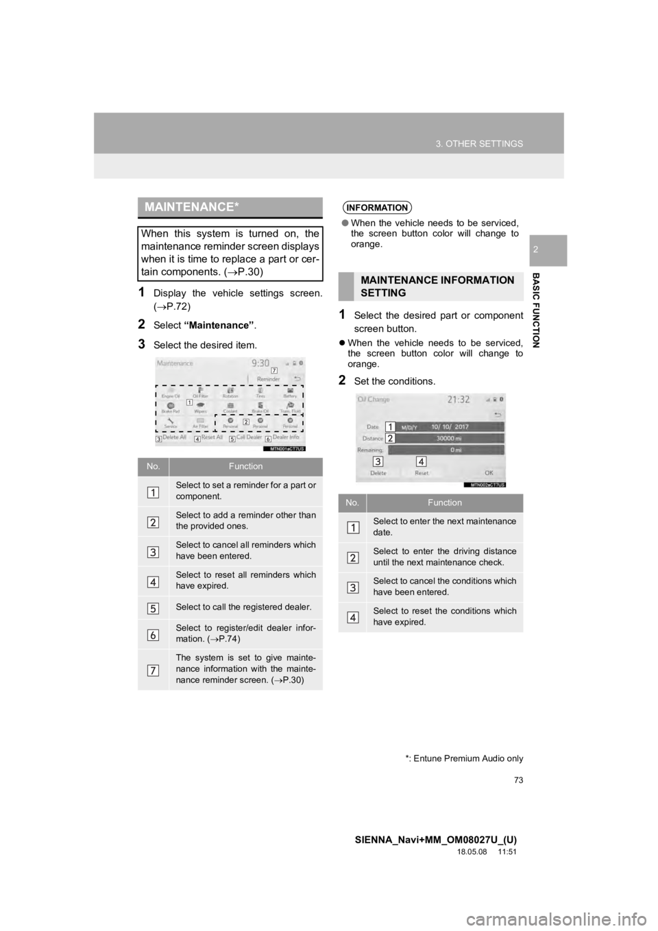 TOYOTA SIENNA 2019 Accessories, Audio & Navigation (in English) 73
3. OTHER SETTINGS
SIENNA_Navi+MM_OM08027U_(U)
18.05.08 11:51
BASIC FUNCTION
2
1Display the vehicle settings screen.
(P.72)
2Select “Maintenance” .
3Select the desired item.
1Select TOYOTA SIENNA 2019 Accessories, Audio & Navigation (in English) 73
3. OTHER SETTINGS
SIENNA_Navi+MM_OM08027U_(U)
18.05.08 11:51
BASIC FUNCTION
2
1Display the vehicle settings screen.
(P.72)
2Select “Maintenance” .
3Select the desired item.
1Select