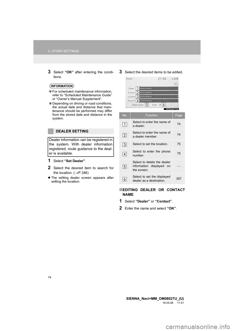 TOYOTA SIENNA 2019 Accessories, Audio & Navigation (in English) 74
3. OTHER SETTINGS
SIENNA_Navi+MM_OM08027U_(U)
18.05.08 11:51
3Select “OK” after entering the condi-
tions.
1Select “Set Dealer” .
2Select the desired item to search for
the l TOYOTA SIENNA 2019 Accessories, Audio & Navigation (in English) 74
3. OTHER SETTINGS
SIENNA_Navi+MM_OM08027U_(U)
18.05.08 11:51
3Select “OK” after entering the condi-
tions.
1Select “Set Dealer” .
2Select the desired item to search for
the l