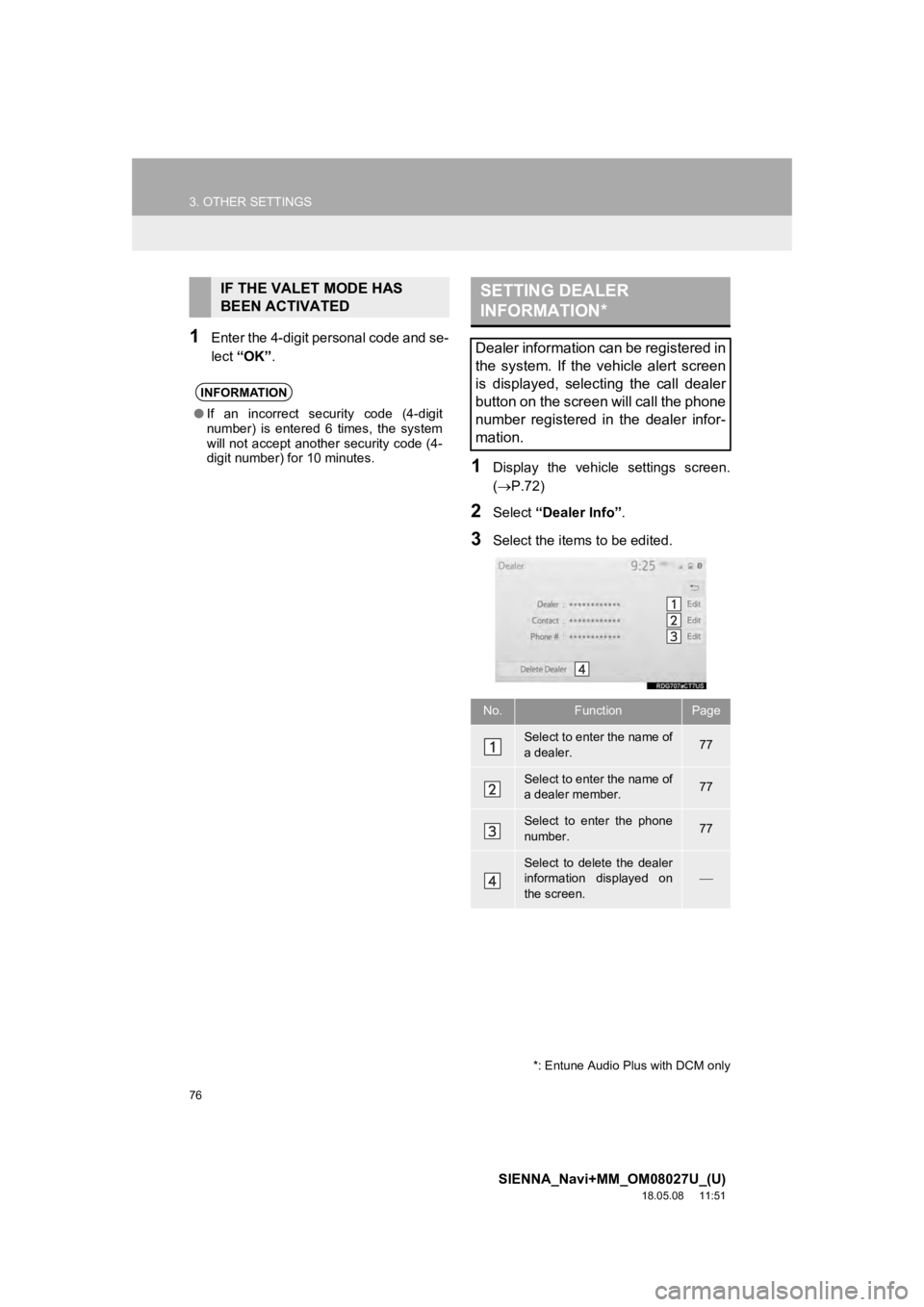 TOYOTA SIENNA 2019 Accessories, Audio & Navigation (in English) 76
3. OTHER SETTINGS
SIENNA_Navi+MM_OM08027U_(U)
18.05.08 11:51
1Enter the 4-digit personal code and se-
lect “OK” .
1Display the vehicle settings screen.
(P.72)
2Select “Dealer Info TOYOTA SIENNA 2019 Accessories, Audio & Navigation (in English) 76
3. OTHER SETTINGS
SIENNA_Navi+MM_OM08027U_(U)
18.05.08 11:51
1Enter the 4-digit personal code and se-
lect “OK” .
1Display the vehicle settings screen.
(P.72)
2Select “Dealer Info