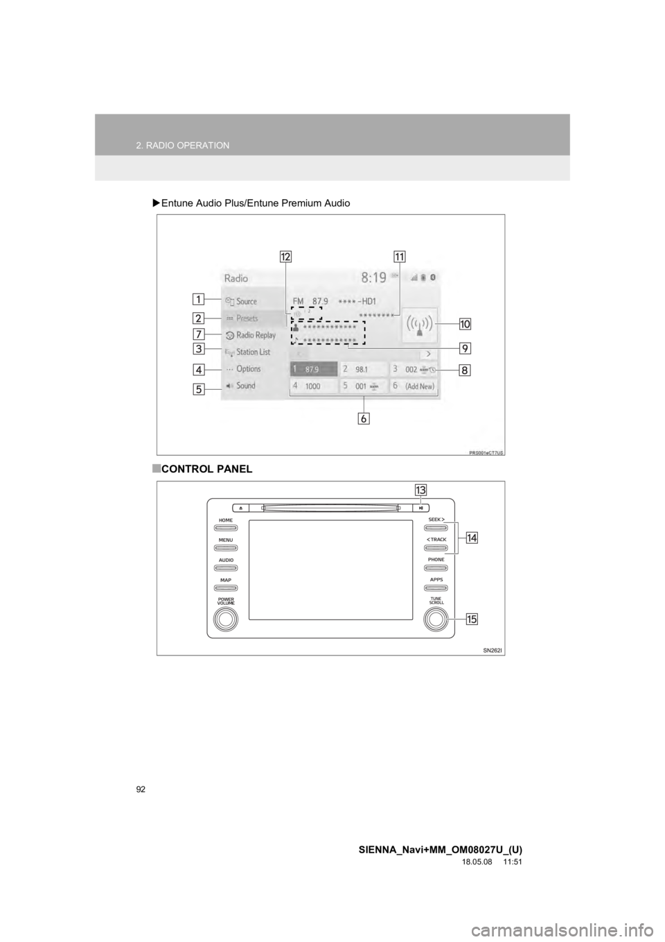 TOYOTA SIENNA 2019  Accessories, Audio & Navigation (in English) 92
2. RADIO OPERATION
SIENNA_Navi+MM_OM08027U_(U)
18.05.08     11:51
Entune Audio Plus/E ntune Premium Audio
■CONTROL PANEL 
