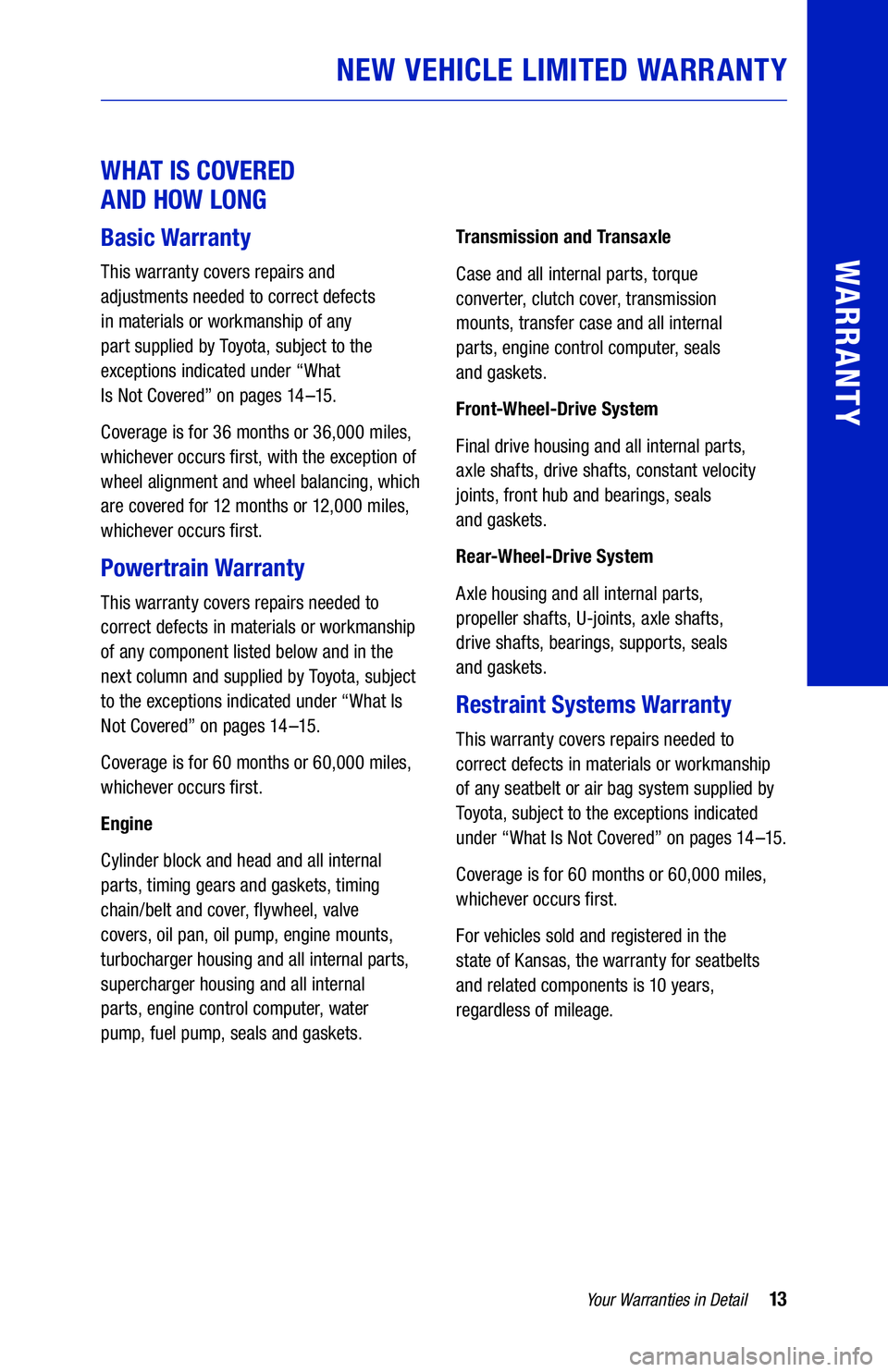 TOYOTA SIENNA 2020  Warranties & Maintenance Guides (in English) 13Your Warranties in Detail
WARRANTY
 
WHAT IS COVERED  
AND HOW LONG
Basic Warranty
This warranty covers repairs and  
adjustments needed to correct defects  
in materials or workmanship of any  
par