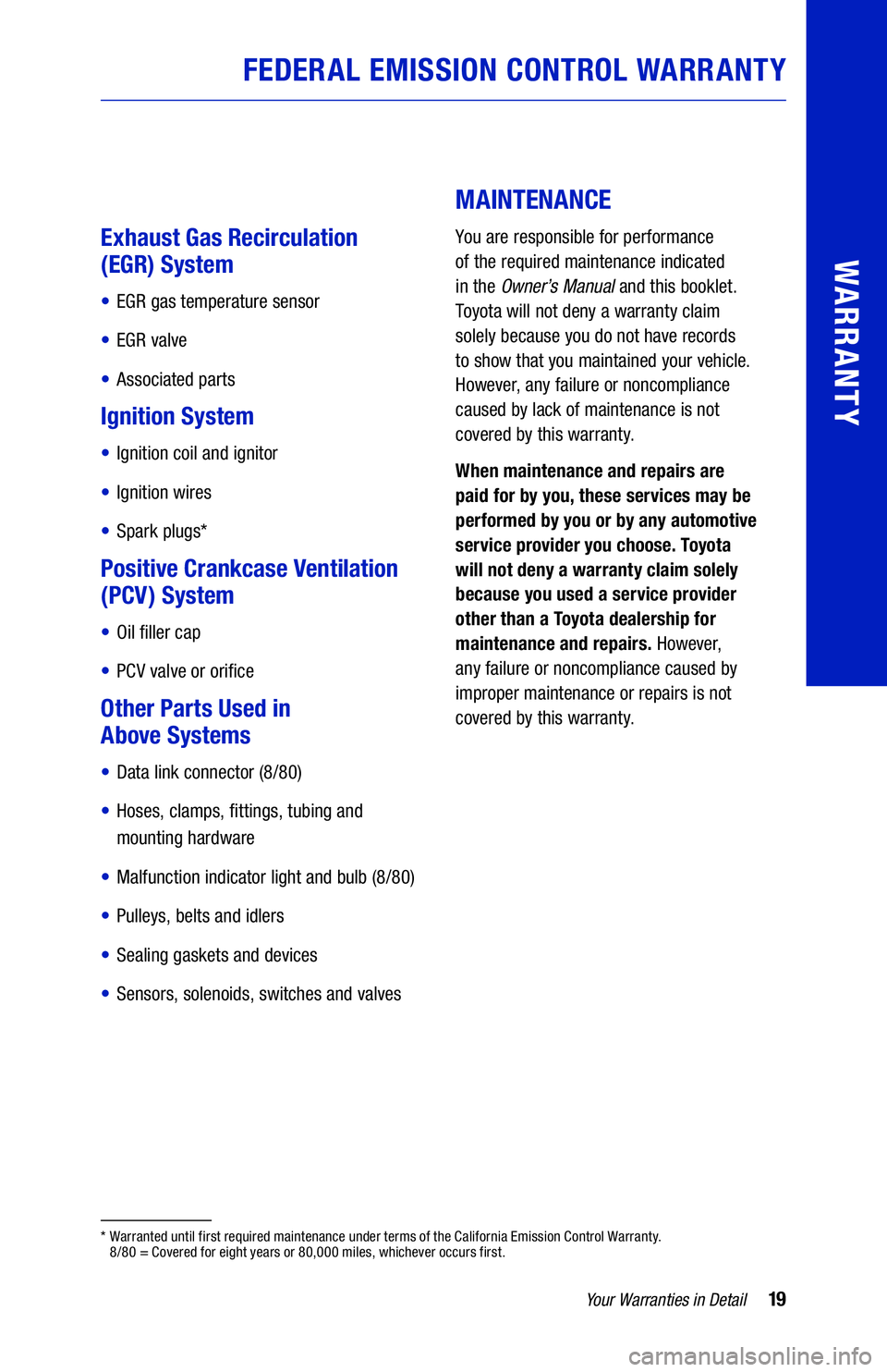 TOYOTA SIENNA 2020 Warranties & Maintenance Guides (in English) 19Your Warranties in Detail
WARRANTY
Exhaust Gas Recirculation
(EGR) System
• EGR gas temperature sensor
• EGR valve
• Associated parts
Ignition System
• Ignition coil and ignitor
• Ig TOYOTA SIENNA 2020 Warranties & Maintenance Guides (in English) 19Your Warranties in Detail
WARRANTY
Exhaust Gas Recirculation
(EGR) System
• EGR gas temperature sensor
• EGR valve
• Associated parts
Ignition System
• Ignition coil and ignitor
• Ig