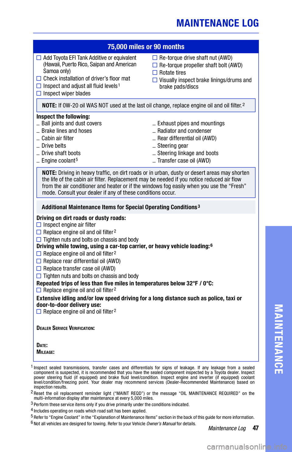 TOYOTA SIENNA 2020 Warranties & Maintenance Guides (in English) 47Maintenance Log
MAINTENANCE LOG
MAINTENANCE
75,000 miles or 90 months
Add Toyota EFI Tank Additive or equivalent (Hawaii, Puerto Rico, Saipan and American Samoa only)
Check installation of driver TOYOTA SIENNA 2020 Warranties & Maintenance Guides (in English) 47Maintenance Log
MAINTENANCE LOG
MAINTENANCE
75,000 miles or 90 months
Add Toyota EFI Tank Additive or equivalent (Hawaii, Puerto Rico, Saipan and American Samoa only)
Check installation of driver