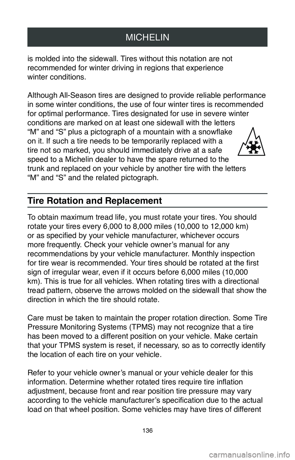 TOYOTA SIENNA 2020 Warranties & Maintenance Guides (in English) MICHELIN
136
is molded into the sidewall. Tires without this notation are not
recommended for winter driving in regions that experience
winter conditions.
Although All-Season tires are designed to TOYOTA SIENNA 2020 Warranties & Maintenance Guides (in English) MICHELIN
136
is molded into the sidewall. Tires without this notation are not
recommended for winter driving in regions that experience
winter conditions.
Although All-Season tires are designed to