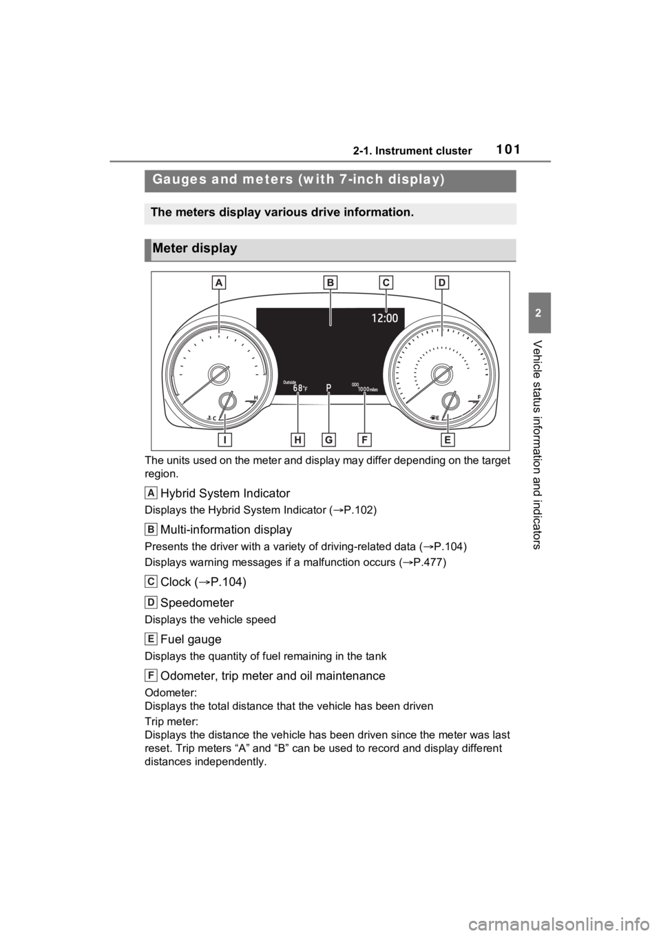 TOYOTA SIENNA HYBRID 2021 Owners Manual (in English) 1012-1. Instrument cluster
2
Vehicle status information and indicators
The units used on the meter and display may differ depending on the target
region.
Hybrid System Indicator
Displays the Hybrid S TOYOTA SIENNA HYBRID 2021 Owners Manual (in English) 1012-1. Instrument cluster
2
Vehicle status information and indicators
The units used on the meter and display may differ depending on the target
region.
Hybrid System Indicator
Displays the Hybrid S
