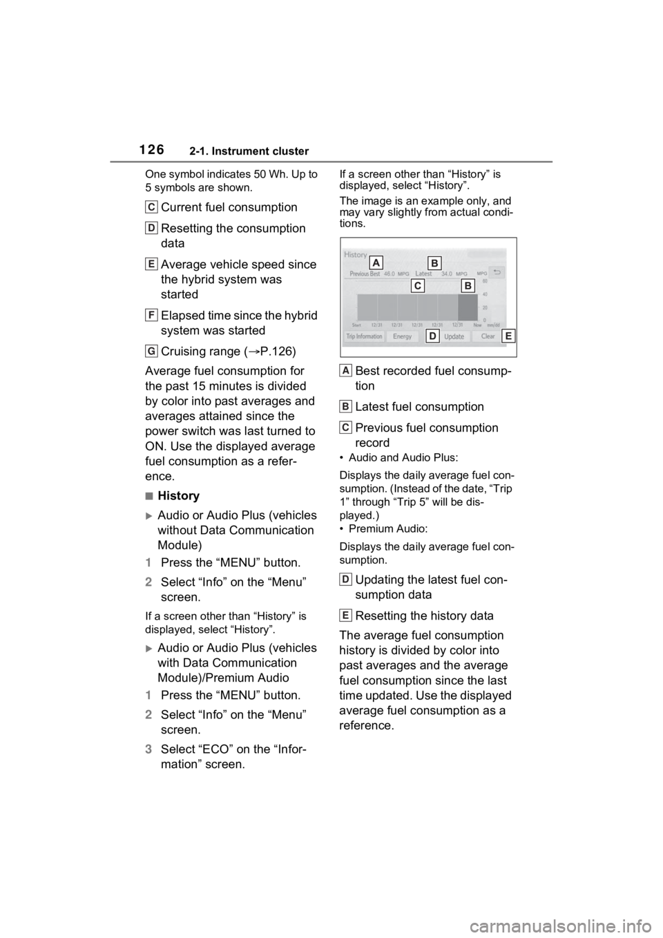 TOYOTA SIENNA HYBRID 2021 Owners Manual (in English) 1262-1. Instrument cluster
One symbol indicates 50 Wh. Up to
5 symbols are shown.
Current fuel consumption
Resetting the consumption
data
Average vehicle speed since
the hybrid system was
started
TOYOTA SIENNA HYBRID 2021 Owners Manual (in English) 1262-1. Instrument cluster
One symbol indicates 50 Wh. Up to
5 symbols are shown.
Current fuel consumption
Resetting the consumption
data
Average vehicle speed since
the hybrid system was
started