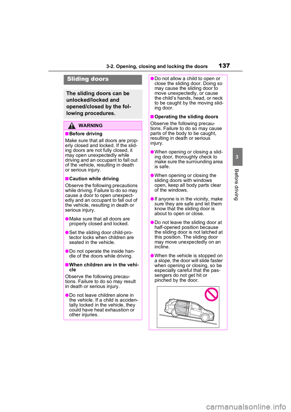 TOYOTA SIENNA HYBRID 2021 Owners Manual (in English) 1373-2. Opening, closing and locking the doors
3
Before driving
Sliding doors
The sliding doors can be
unlocked/locked and
opened/closed by the fol-
lowing procedures.
WARNING
■Before driving
Make TOYOTA SIENNA HYBRID 2021 Owners Manual (in English) 1373-2. Opening, closing and locking the doors
3
Before driving
Sliding doors
The sliding doors can be
unlocked/locked and
opened/closed by the fol-
lowing procedures.
WARNING
■Before driving
Make
