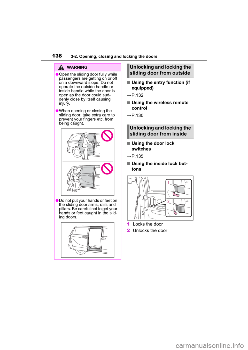 TOYOTA SIENNA HYBRID 2021 Owners Manual (in English) 1383-2. Opening, closing and locking the doors
■Using the entry function (if
equipped)
P.132
■Using the wireless remote
control
P.130
■Using the door lock
switches
P.135
■Using TOYOTA SIENNA HYBRID 2021 Owners Manual (in English) 1383-2. Opening, closing and locking the doors
■Using the entry function (if
equipped)
P.132
■Using the wireless remote
control
P.130
■Using the door lock
switches
P.135
■Using
