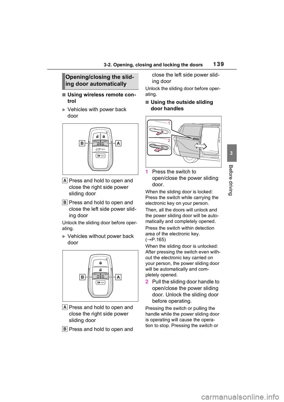 TOYOTA SIENNA HYBRID 2021 Owners Manual (in English) 1393-2. Opening, closing and locking the doors
3
Before driving
■Using wireless remote con-
trol
Vehicles with power back
door
Press and hold to open and
close the right side power
sliding doo TOYOTA SIENNA HYBRID 2021 Owners Manual (in English) 1393-2. Opening, closing and locking the doors
3
Before driving
■Using wireless remote con-
trol
Vehicles with power back
door
Press and hold to open and
close the right side power
sliding doo