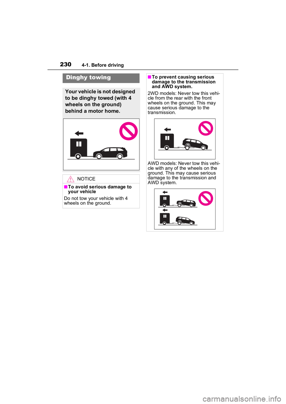 TOYOTA SIENNA HYBRID 2021 Owners Manual (in English) 2304-1. Before driving
Dinghy towing
Your vehicle is not designed
to be dinghy towed (with 4
wheels on the ground)
behind a motor home.
NOTICE
■To avoid serious damage to
your vehicle
Do not tow TOYOTA SIENNA HYBRID 2021 Owners Manual (in English) 2304-1. Before driving
Dinghy towing
Your vehicle is not designed
to be dinghy towed (with 4
wheels on the ground)
behind a motor home.
NOTICE
■To avoid serious damage to
your vehicle
Do not tow