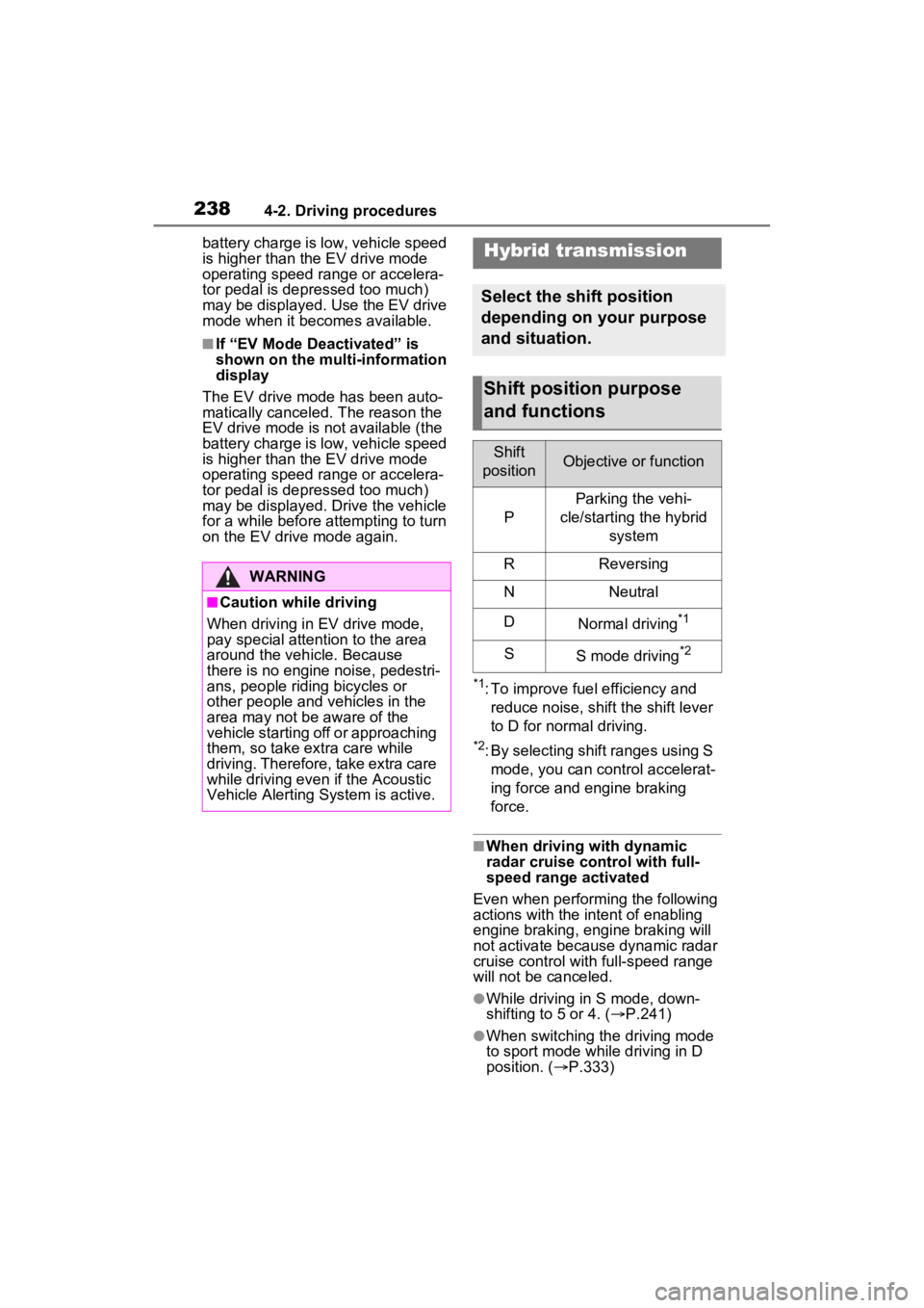 TOYOTA SIENNA HYBRID 2021 Owners Manual (in English) 2384-2. Driving procedures
battery charge is low, vehicle speed
is higher than the EV drive mode
operating speed range or accelera-
tor pedal is depressed too much)
may be displayed. Use the EV dri TOYOTA SIENNA HYBRID 2021 Owners Manual (in English) 2384-2. Driving procedures
battery charge is low, vehicle speed
is higher than the EV drive mode
operating speed range or accelera-
tor pedal is depressed too much)
may be displayed. Use the EV dri