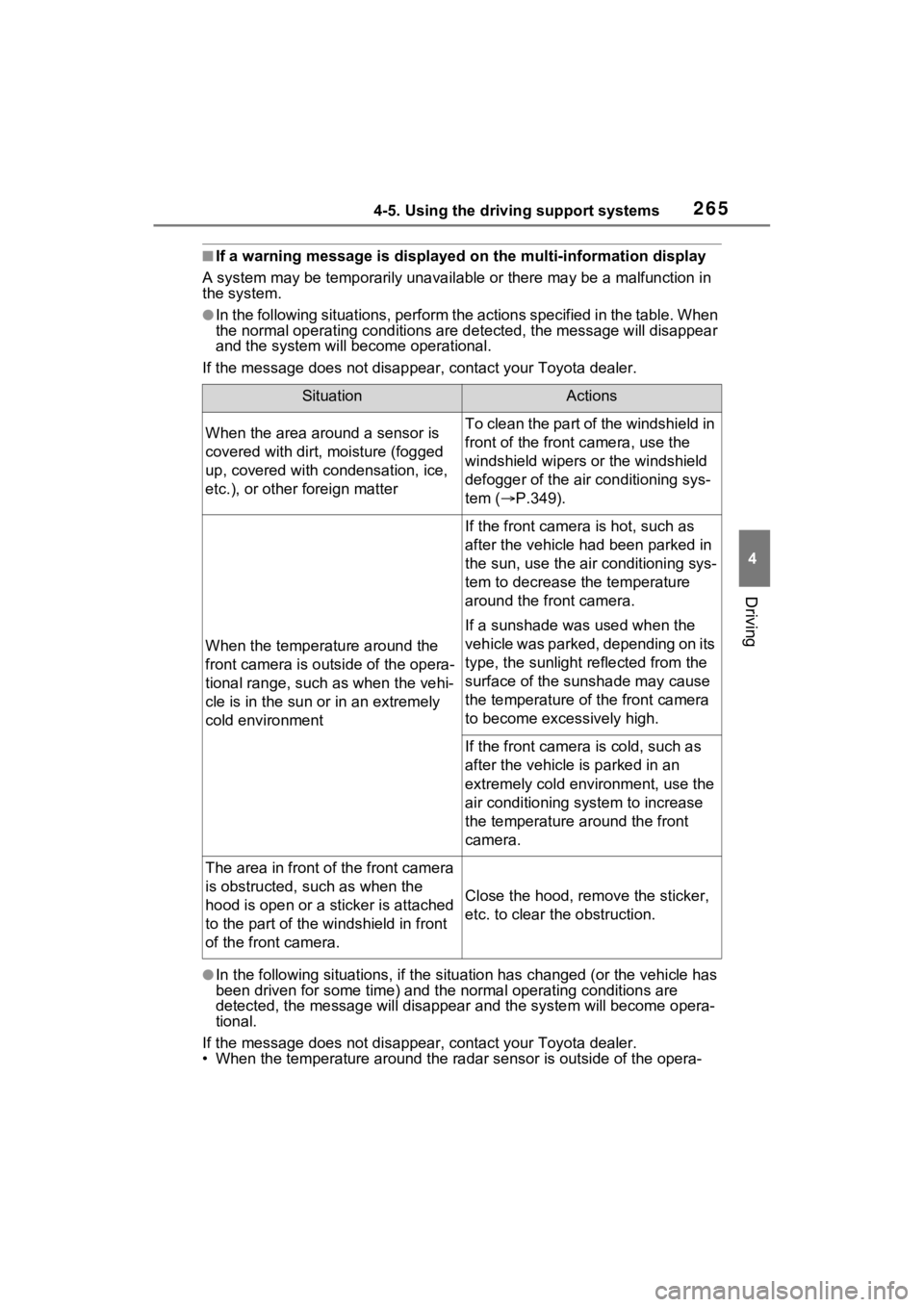 TOYOTA SIENNA HYBRID 2021 Owners Manual (in English) 2654-5. Using the driving support systems
4
Driving
■If a warning message is displayed on the multi-information display
A system may be temporarily unava ilable or there may be a malfunction in
the TOYOTA SIENNA HYBRID 2021 Owners Manual (in English) 2654-5. Using the driving support systems
4
Driving
■If a warning message is displayed on the multi-information display
A system may be temporarily unava ilable or there may be a malfunction in
the