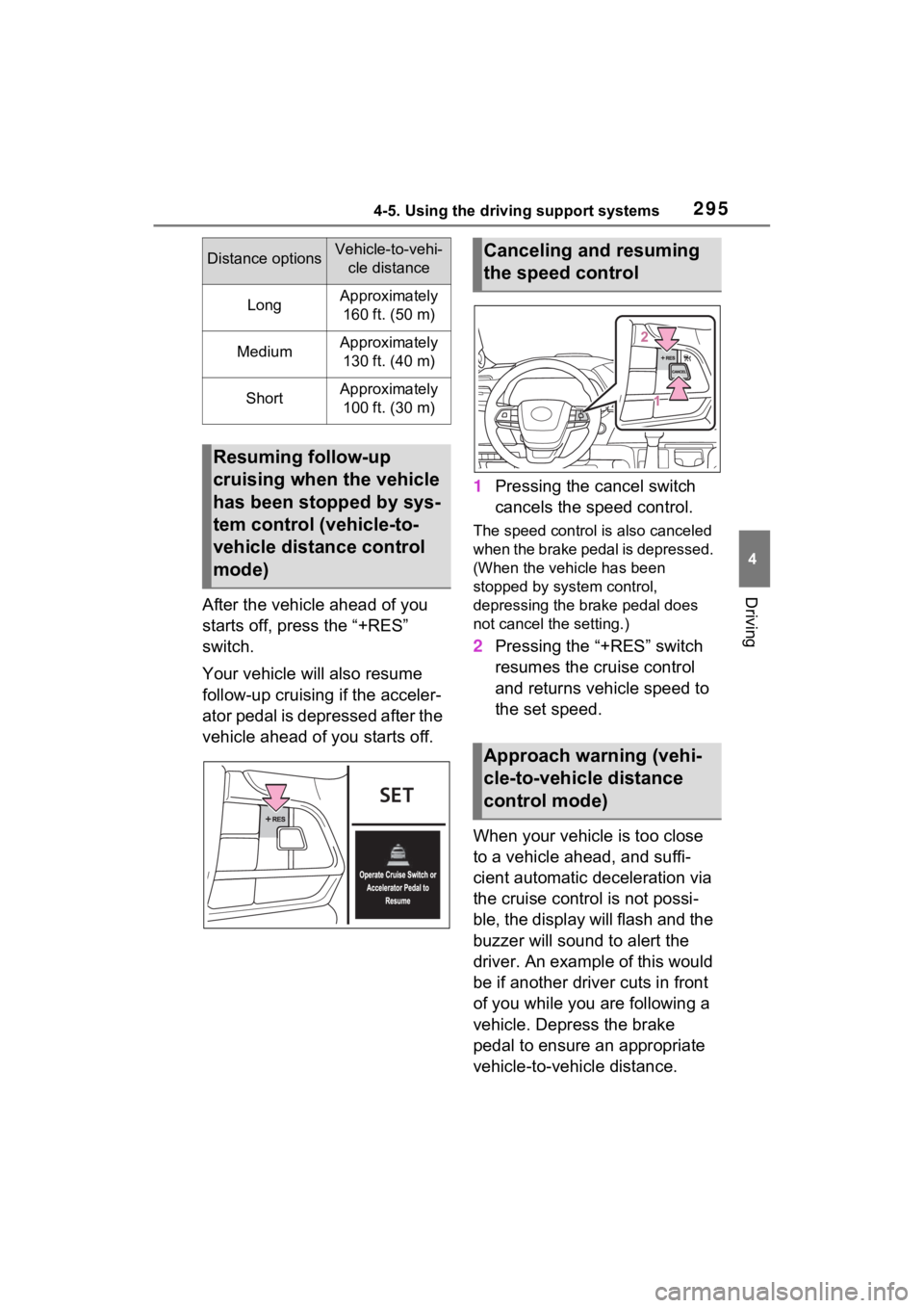 TOYOTA SIENNA HYBRID 2021 Owners Manual (in English) 2954-5. Using the driving support systems
4
DrivingAfter the vehicle ahead of you
starts off, press the “+RES”
switch.
Your vehicle will also resume
follow-up cruising if the acceler-
ator peda TOYOTA SIENNA HYBRID 2021 Owners Manual (in English) 2954-5. Using the driving support systems
4
DrivingAfter the vehicle ahead of you
starts off, press the “+RES”
switch.
Your vehicle will also resume
follow-up cruising if the acceler-
ator peda