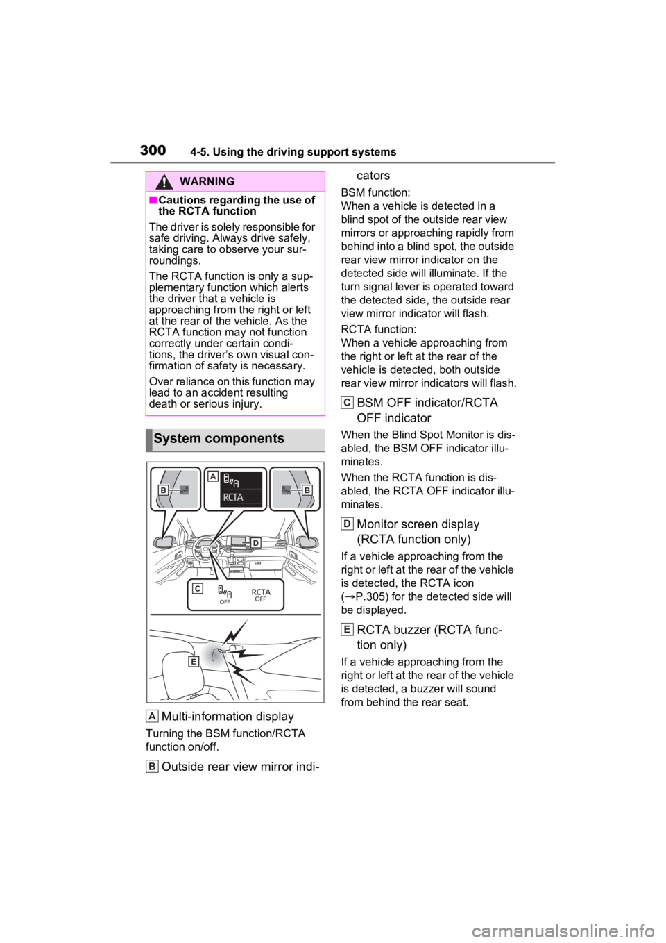 TOYOTA SIENNA HYBRID 2021 Owners Manual (in English) 3004-5. Using the driving support systems
Multi-information display
Turning the BSM function/RCTA
function on/off.
Outside rear view mirror indi-cators
BSM function:
When a vehicle is detected in a
TOYOTA SIENNA HYBRID 2021 Owners Manual (in English) 3004-5. Using the driving support systems
Multi-information display
Turning the BSM function/RCTA
function on/off.
Outside rear view mirror indi-cators
BSM function:
When a vehicle is detected in a