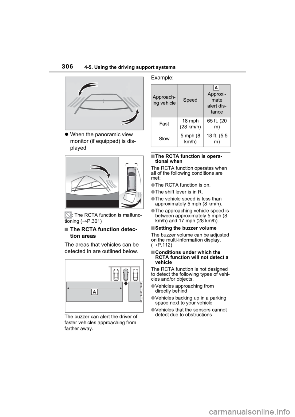 TOYOTA SIENNA HYBRID 2021 Owners Manual (in English) 3064-5. Using the driving support systems
When the panoramic view
monitor (if equipped) is dis-
played
: The RCTA function is malfunc-
tioning ( P.301)
■The RCTA function detec-
tion areas
Th TOYOTA SIENNA HYBRID 2021 Owners Manual (in English) 3064-5. Using the driving support systems
When the panoramic view
monitor (if equipped) is dis-
played
: The RCTA function is malfunc-
tioning ( P.301)
■The RCTA function detec-
tion areas
Th