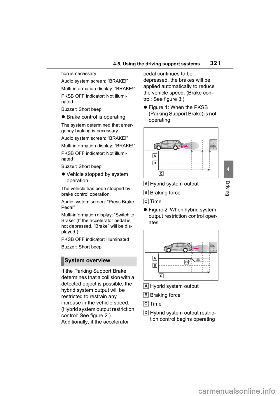 TOYOTA SIENNA HYBRID 2021  Owners Manual (in English) 3214-5. Using the driving support systems
4
Driving
tion is necessary.
Audio system screen: “BRAKE!”
Multi-information  display: “BRAKE!”
PKSB OFF indicator: Not illumi-
nated
Buzzer: Short be