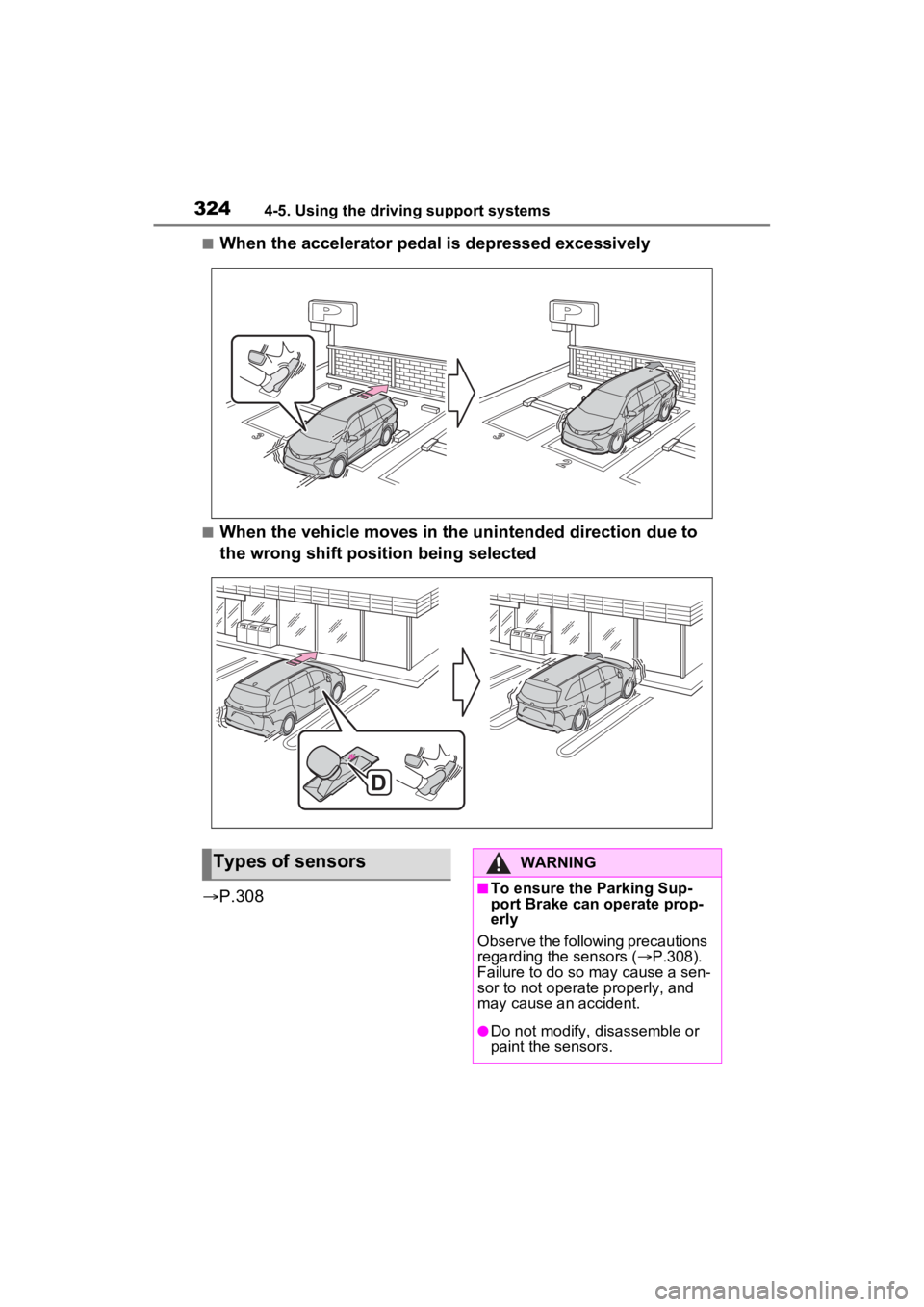 TOYOTA SIENNA HYBRID 2021  Owners Manual (in English) 3244-5. Using the driving support systems
■When the accelerator pedal is depressed excessively
■When the vehicle moves in the unintended direction due to 
the wrong shift position being selected
