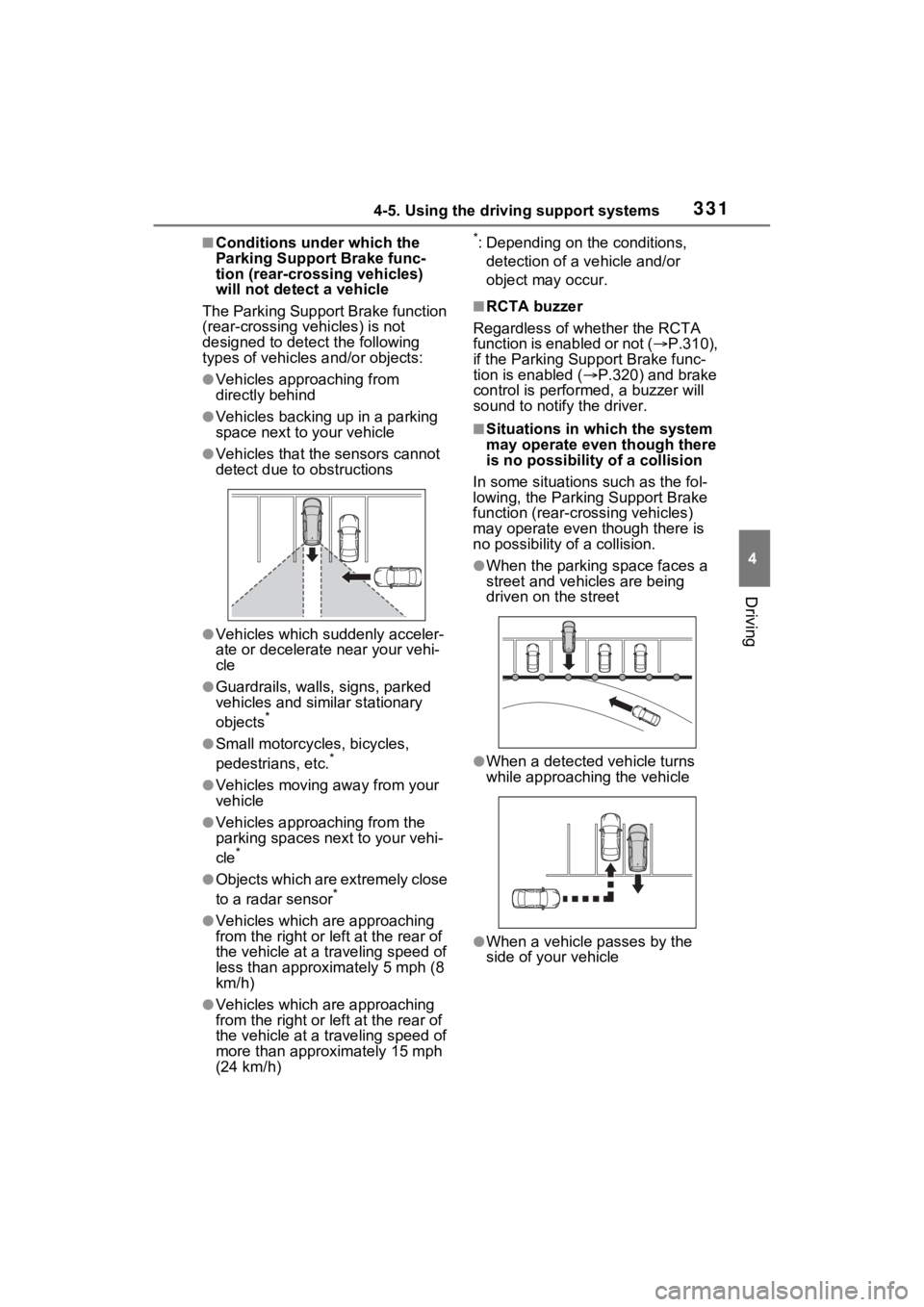 TOYOTA SIENNA HYBRID 2021  Owners Manual (in English) 3314-5. Using the driving support systems
4
Driving
■Conditions under which the 
Parking Support Brake func-
tion (rear-crossing vehicles) 
will not detect a vehicle
The Parking Support Brake functi
