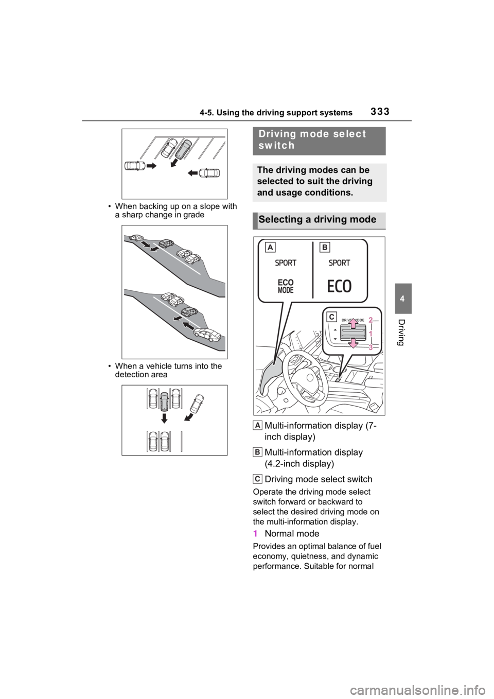 TOYOTA SIENNA HYBRID 2021  Owners Manual (in English) 3334-5. Using the driving support systems
4
Driving
• When backing up on a slope with a sharp change in grade
• When a vehicle turns into the  detection area
Multi-information display (7-
inch dis