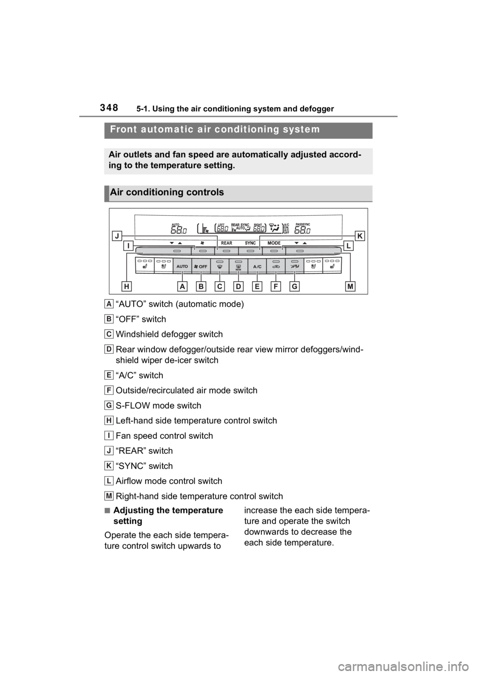 TOYOTA SIENNA HYBRID 2021  Owners Manual (in English) 3485-1. Using the air conditioning system and defogger
5-1.Using the air conditioning system and defogger
“AUTO” switch (automatic mode)
“OFF” switch
Windshield defogger switch
Rear window def