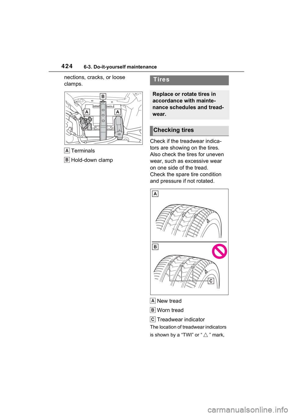 TOYOTA SIENNA HYBRID 2021 Owners Manual (in English) 4246-3. Do-it-yourself maintenance
nections, cracks, or loose
clamps.
Terminals
Hold-down clamp Check if the treadwear indica-
tors are showing on the tires.
Also check the tires for uneven
wear, s TOYOTA SIENNA HYBRID 2021 Owners Manual (in English) 4246-3. Do-it-yourself maintenance
nections, cracks, or loose
clamps.
Terminals
Hold-down clamp Check if the treadwear indica-
tors are showing on the tires.
Also check the tires for uneven
wear, s