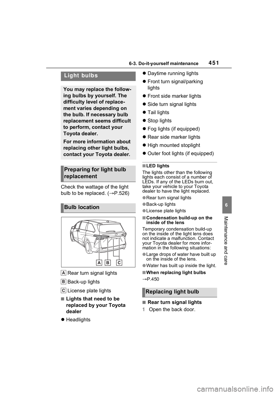 TOYOTA SIENNA HYBRID 2021 Owners Manual (in English) 4516-3. Do-it-yourself maintenance
6
Maintenance and care
Check the wattage of the light
bulb to be replaced. (P.526)
Rear turn signal lights
Back-up lights
License plate lights
■Lights that nee TOYOTA SIENNA HYBRID 2021 Owners Manual (in English) 4516-3. Do-it-yourself maintenance
6
Maintenance and care
Check the wattage of the light
bulb to be replaced. (P.526)
Rear turn signal lights
Back-up lights
License plate lights
■Lights that nee
