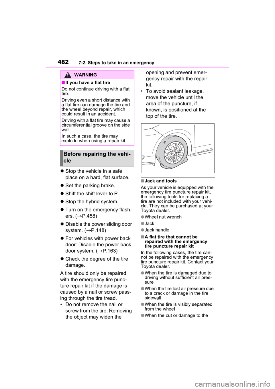 TOYOTA SIENNA HYBRID 2021 Owners Manual (in English) 4827-2. Steps to take in an emergency
Stop the vehicle in a safe
place on a hard, flat surface.
Set the parking brake.
Shift the shift lever to P.
Stop the hybrid system.
Turn on t TOYOTA SIENNA HYBRID 2021 Owners Manual (in English) 4827-2. Steps to take in an emergency
Stop the vehicle in a safe
place on a hard, flat surface.
Set the parking brake.
Shift the shift lever to P.
Stop the hybrid system.
Turn on t