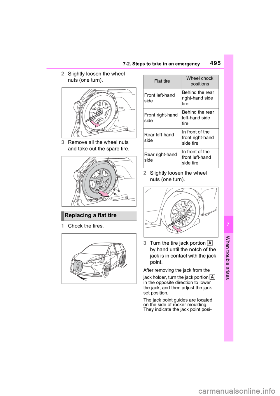 TOYOTA SIENNA HYBRID 2021 Owners Manual (in English) 4957-2. Steps to take in an emergency
7
When trouble arises
2Slightly loosen the wheel
nuts (one turn).
3 Remove all the wheel nuts
and take out the spare tire.
1 Chock the tires. 2
Slightly loosen TOYOTA SIENNA HYBRID 2021 Owners Manual (in English) 4957-2. Steps to take in an emergency
7
When trouble arises
2Slightly loosen the wheel
nuts (one turn).
3 Remove all the wheel nuts
and take out the spare tire.
1 Chock the tires. 2
Slightly loosen
