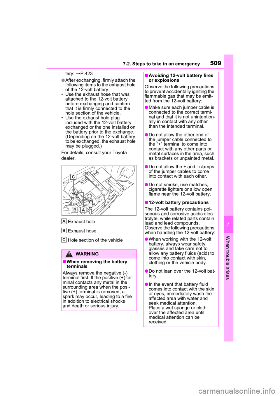 TOYOTA SIENNA HYBRID 2021 Owners Manual (in English) 5097-2. Steps to take in an emergency
7
When trouble arises
tery: P.423
●After exchanging, firmly attach the
following items to the exhaust hole
of the 12-volt battery.
• Use the exhaust hose TOYOTA SIENNA HYBRID 2021 Owners Manual (in English) 5097-2. Steps to take in an emergency
7
When trouble arises
tery: P.423
●After exchanging, firmly attach the
following items to the exhaust hole
of the 12-volt battery.
• Use the exhaust hose