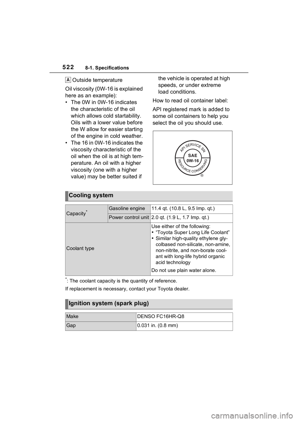 TOYOTA SIENNA HYBRID 2021 Owners Manual (in English) 5228-1. Specifications
Outside temperature
Oil viscosity (0W-16 is explained
here as an example):
• The 0W in 0W-16 indicates the characteristic of the oil
which allows cold startability.
Oils w TOYOTA SIENNA HYBRID 2021 Owners Manual (in English) 5228-1. Specifications
Outside temperature
Oil viscosity (0W-16 is explained
here as an example):
• The 0W in 0W-16 indicates the characteristic of the oil
which allows cold startability.
Oils w