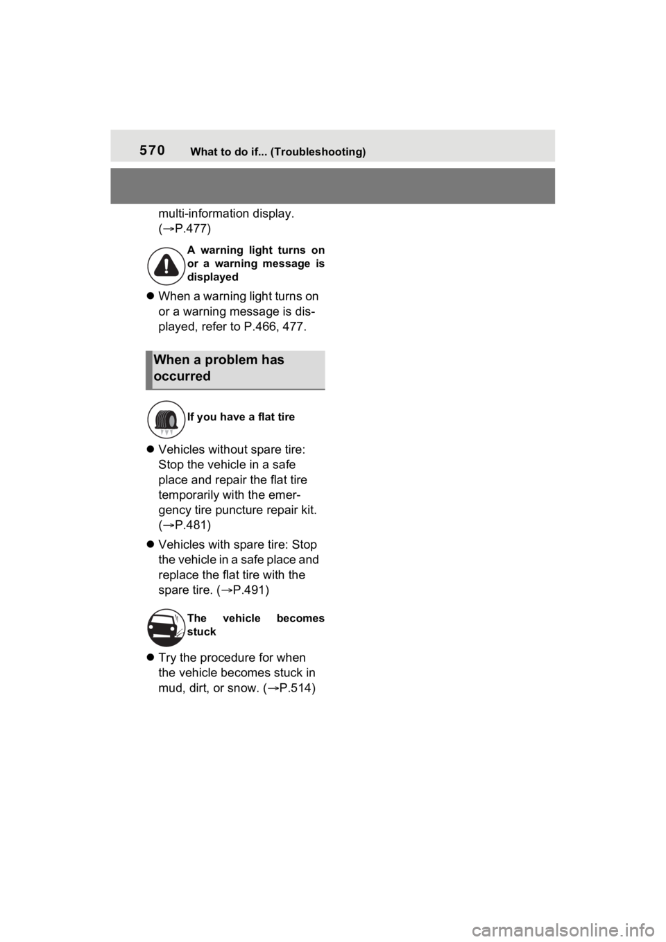 TOYOTA SIENNA HYBRID 2021  Owners Manual (in English) 570What to do if... (Troubleshooting)
multi-information display. 
(P.477)
 When a warning light turns on 
or a warning message is dis-
played, refer to P.466, 477.
 Vehicles without spare tir