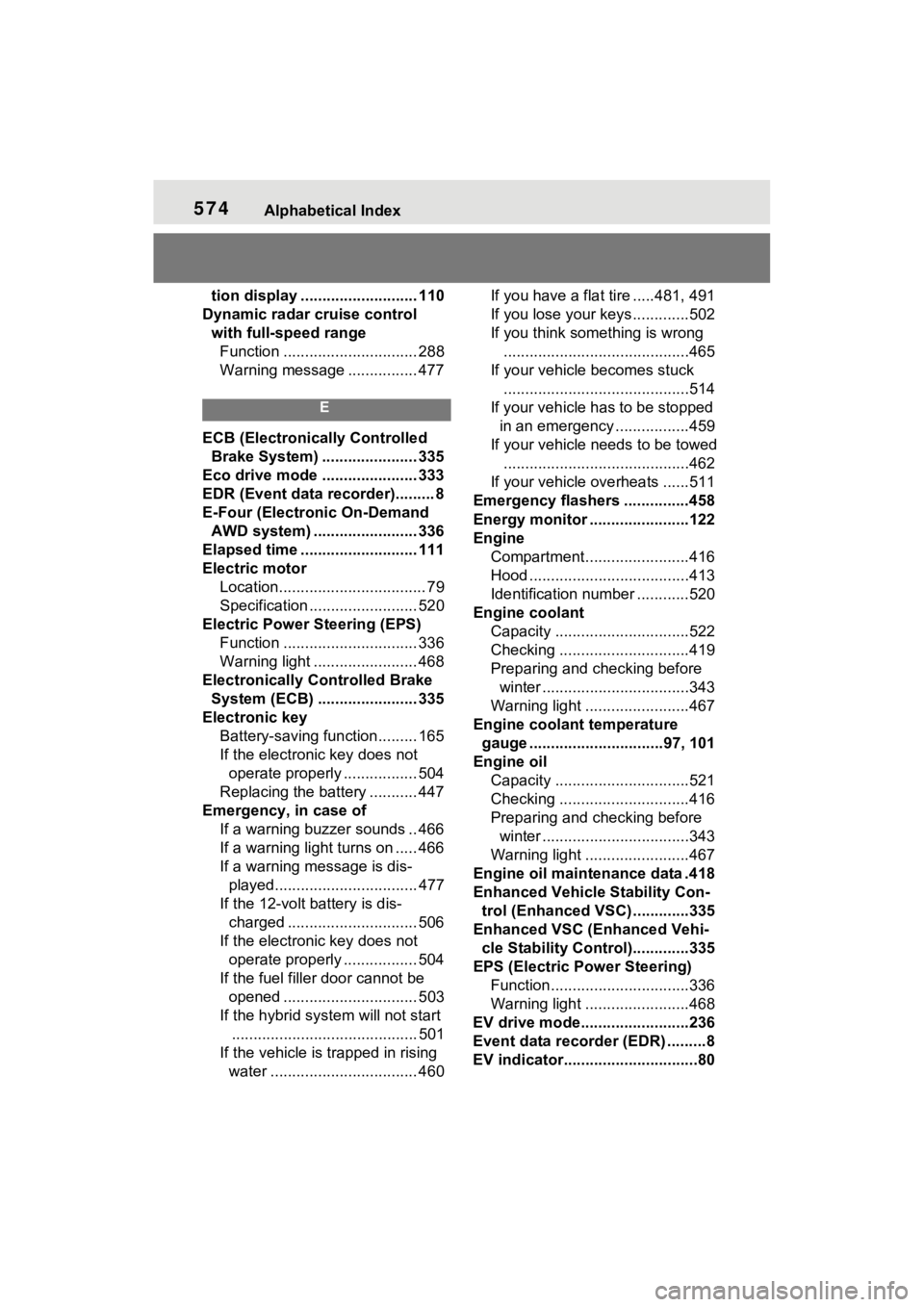 TOYOTA SIENNA HYBRID 2021  Owners Manual (in English) 574Alphabetical Index
tion display ........................... 110
Dynamic radar cruise control  with full-speed rangeFunction ............................... 288
Warning message ................ 477
