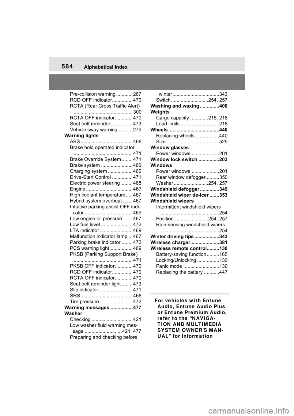 TOYOTA SIENNA HYBRID 2021  Owners Manual (in English) 584Alphabetical Index
Pre-collision warning ............ 267
RCD OFF indicator............... 470
RCTA (Rear Cross Traffic Alert)........................................... 300
RCTA OFF indicator.....