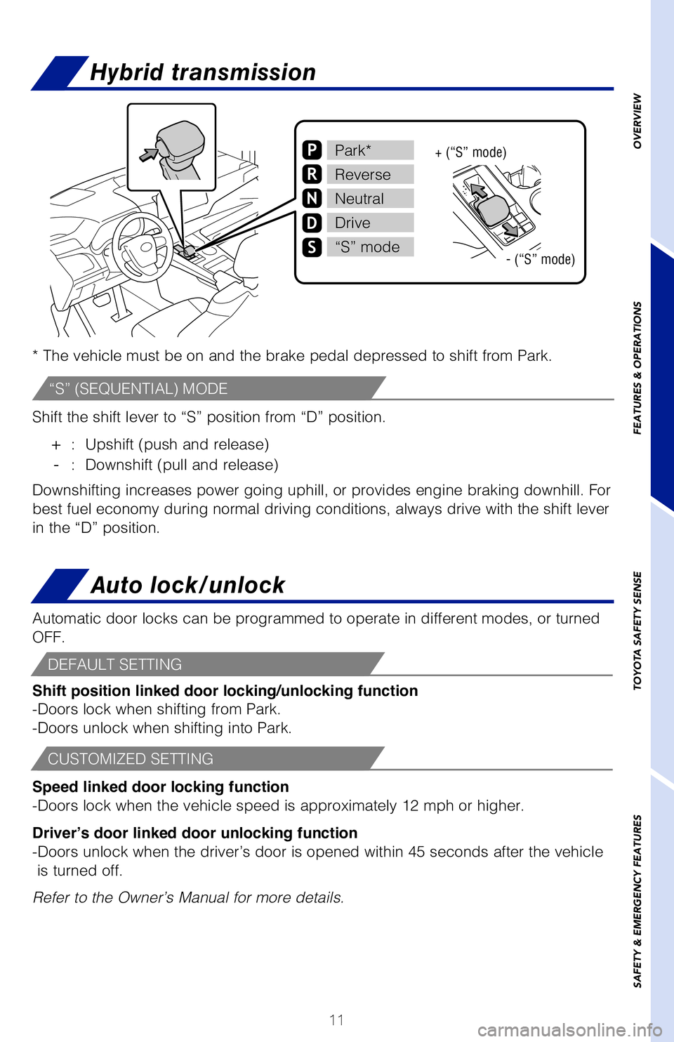 TOYOTA SIENNA HYBRID 2021 Owners Manual (in English) 11
The Hybrid Synergy Drive System utilizes a computer-controlled gasoline \
engine
and electric motor to provide the most efficient combination of power fo\
r the
vehicle. When the brakes are appli TOYOTA SIENNA HYBRID 2021 Owners Manual (in English) 11
The Hybrid Synergy Drive System utilizes a computer-controlled gasoline \
engine
and electric motor to provide the most efficient combination of power fo\
r the
vehicle. When the brakes are appli