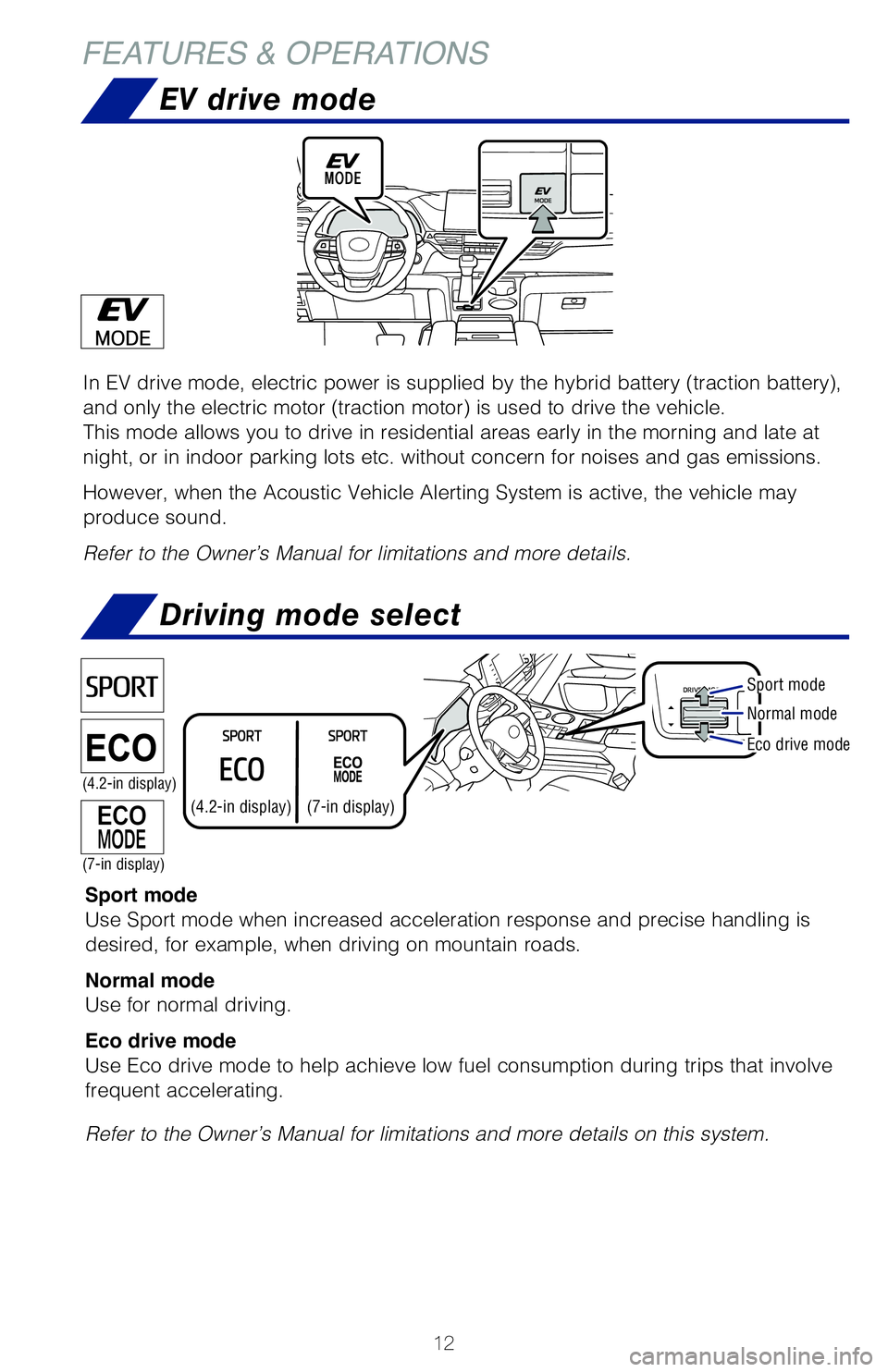 TOYOTA SIENNA HYBRID 2021 Owners Manual (in English) 12
EV drive mode
In EV drive mode, electric power is supplied by the hybrid battery (tra\
ction battery),
and only the electric motor (traction motor) is used to drive the vehi\
cle.
This mode allows TOYOTA SIENNA HYBRID 2021 Owners Manual (in English) 12
EV drive mode
In EV drive mode, electric power is supplied by the hybrid battery (tra\
ction battery),
and only the electric motor (traction motor) is used to drive the vehi\
cle.
This mode allows