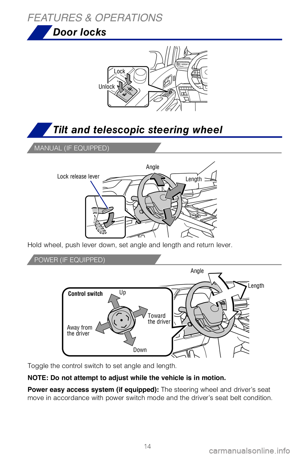 TOYOTA SIENNA HYBRID 2021 (in English) User Guide 14
Door locks
Unlock
Lock
Tilt and telescopic steering wheel
MAIN SWITCH LOCATION
OPENING/CLOSING
From front seats Instrument panel
Press and hold the switch to open and close each sliding door.
HANDS TOYOTA SIENNA HYBRID 2021 (in English) User Guide 14
Door locks
Unlock
Lock
Tilt and telescopic steering wheel
MAIN SWITCH LOCATION
OPENING/CLOSING
From front seats Instrument panel
Press and hold the switch to open and close each sliding door.
HANDS