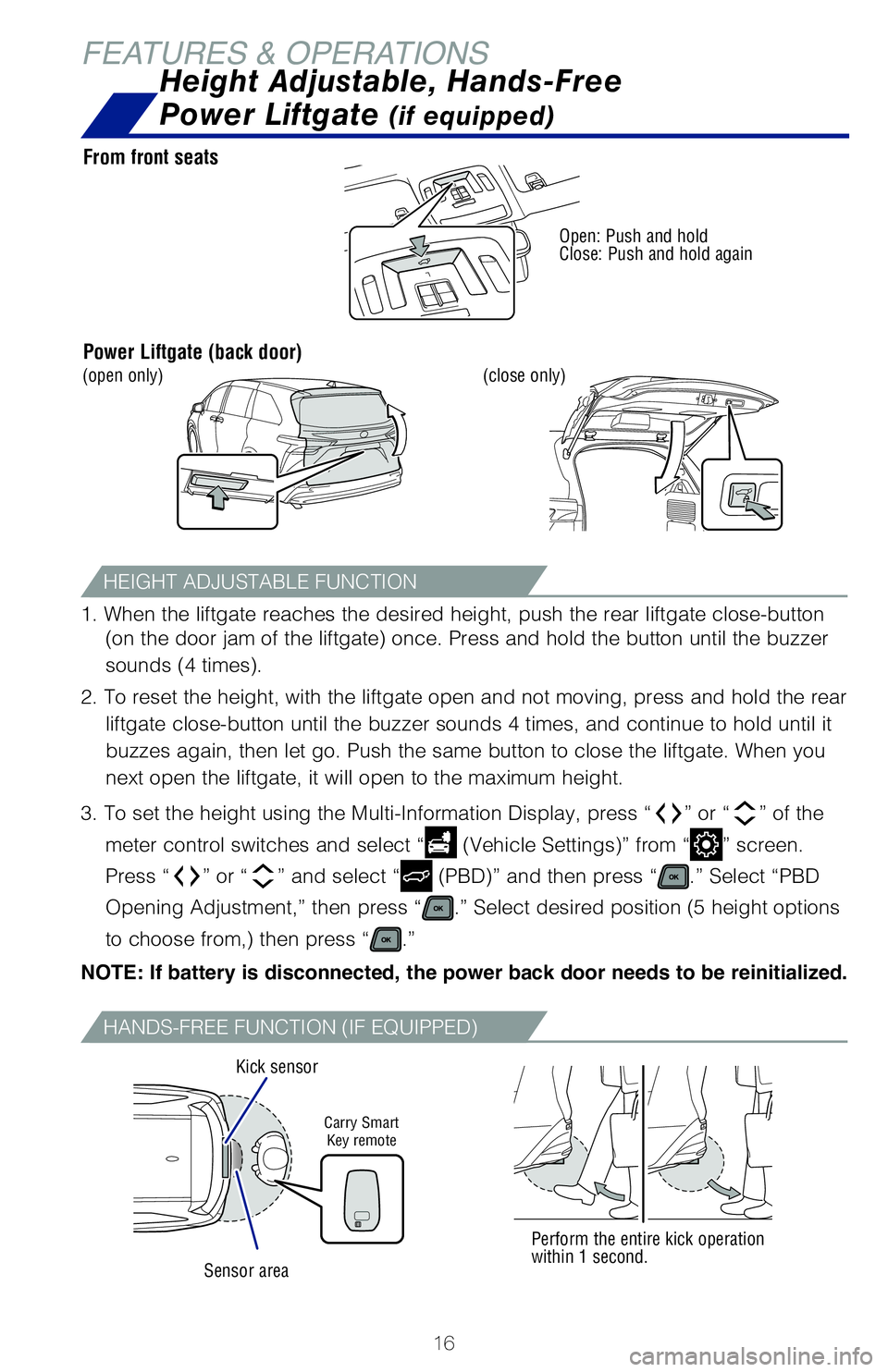 TOYOTA SIENNA HYBRID 2021 (in English) User Guide 16
1. When the liftgate reaches the desired height, push the rear liftgate \
close-button (on the door jam of the liftgate) once. Press and hold the button unti\
l the buzzer
sounds (4 times).
2. To TOYOTA SIENNA HYBRID 2021 (in English) User Guide 16
1. When the liftgate reaches the desired height, push the rear liftgate \
close-button (on the door jam of the liftgate) once. Press and hold the button unti\
l the buzzer
sounds (4 times).
2. To
