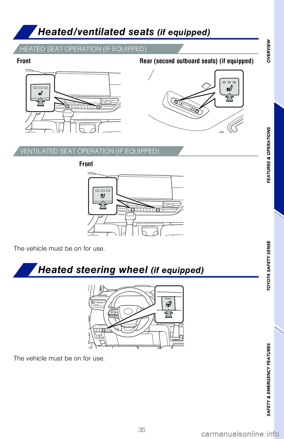 TOYOTA SIENNA HYBRID 2021 (in English) Owners Guide 35
OVERVIEW
FEATURES & OPERATIONS
TOYOTA SAFETY SENSE
SAFETY & EMERGENCY FEATURES
Rear seat entertainment system (if equipped)
Refer to the “Navigation and Multimedia System Owner’s Manual” \
fo TOYOTA SIENNA HYBRID 2021 (in English) Owners Guide 35
OVERVIEW
FEATURES & OPERATIONS
TOYOTA SAFETY SENSE
SAFETY & EMERGENCY FEATURES
Rear seat entertainment system (if equipped)
Refer to the “Navigation and Multimedia System Owner’s Manual” \
fo