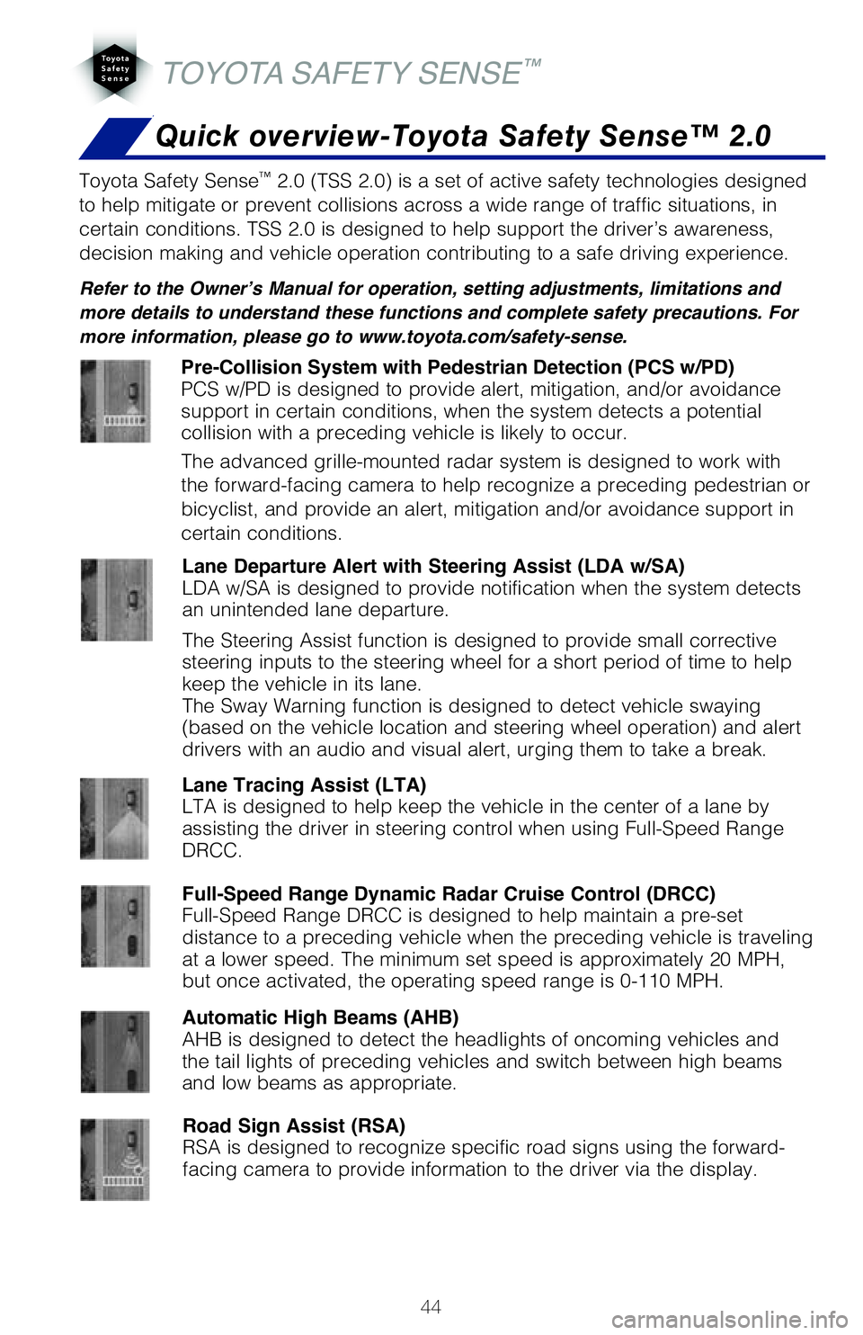 TOYOTA SIENNA HYBRID 2021 (in English) Service Manual 44
Quick overview-Toyota Safety Sense™ 2.0TSS 2.0 combines a forward-facing camera mounted in front of the inside \
rear view
mirror and a grille-mounted radar mounted in the front grille. These se TOYOTA SIENNA HYBRID 2021 (in English) Service Manual 44
Quick overview-Toyota Safety Sense™ 2.0TSS 2.0 combines a forward-facing camera mounted in front of the inside \
rear view
mirror and a grille-mounted radar mounted in the front grille. These se