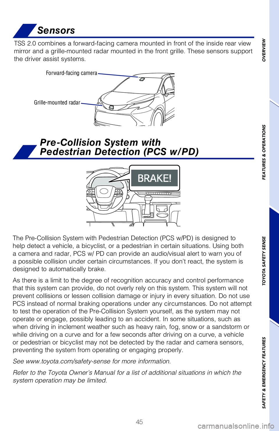 TOYOTA SIENNA HYBRID 2021 (in English) Service Manual 45
OVERVIEW
FEATURES & OPERATIONS
TOYOTA SAFETY SENSE
SAFETY & EMERGENCY FEATURES
Quick overview-Toyota Safety Sense™ 2.0
Sensors
TSS 2.0 combines a forward-facing camera mounted in front of the ins TOYOTA SIENNA HYBRID 2021 (in English) Service Manual 45
OVERVIEW
FEATURES & OPERATIONS
TOYOTA SAFETY SENSE
SAFETY & EMERGENCY FEATURES
Quick overview-Toyota Safety Sense™ 2.0
Sensors
TSS 2.0 combines a forward-facing camera mounted in front of the ins