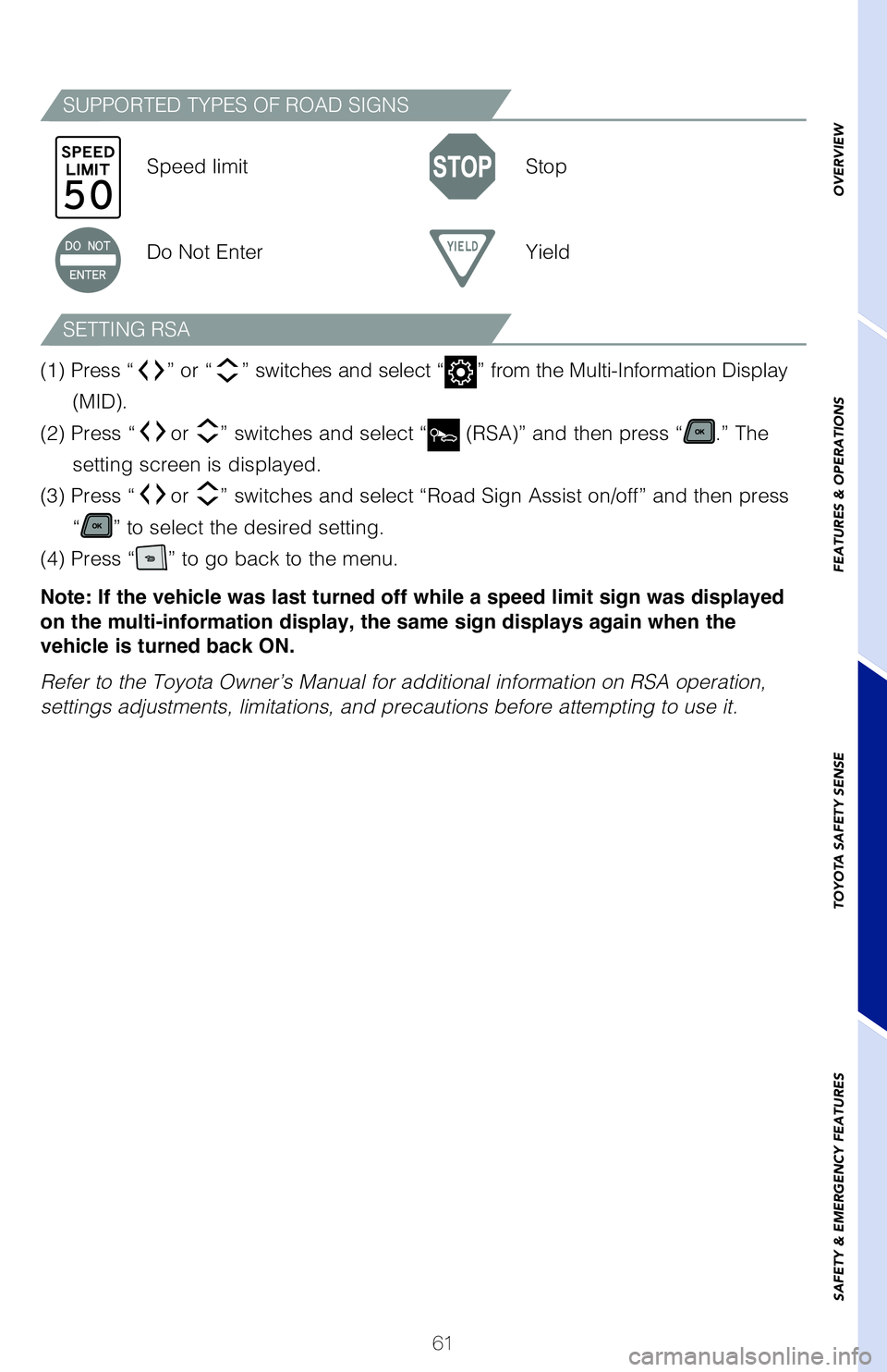TOYOTA SIENNA HYBRID 2021 (in English) Repair Manual 61
OVERVIEW
FEATURES & OPERATIONS
TOYOTA SAFETY SENSE
SAFETY & EMERGENCY FEATURES
Pull the lever toward you and then return it to its original position to\
switch to the
low beams temporarily.
The h TOYOTA SIENNA HYBRID 2021 (in English) Repair Manual 61
OVERVIEW
FEATURES & OPERATIONS
TOYOTA SAFETY SENSE
SAFETY & EMERGENCY FEATURES
Pull the lever toward you and then return it to its original position to\
switch to the
low beams temporarily.
The h