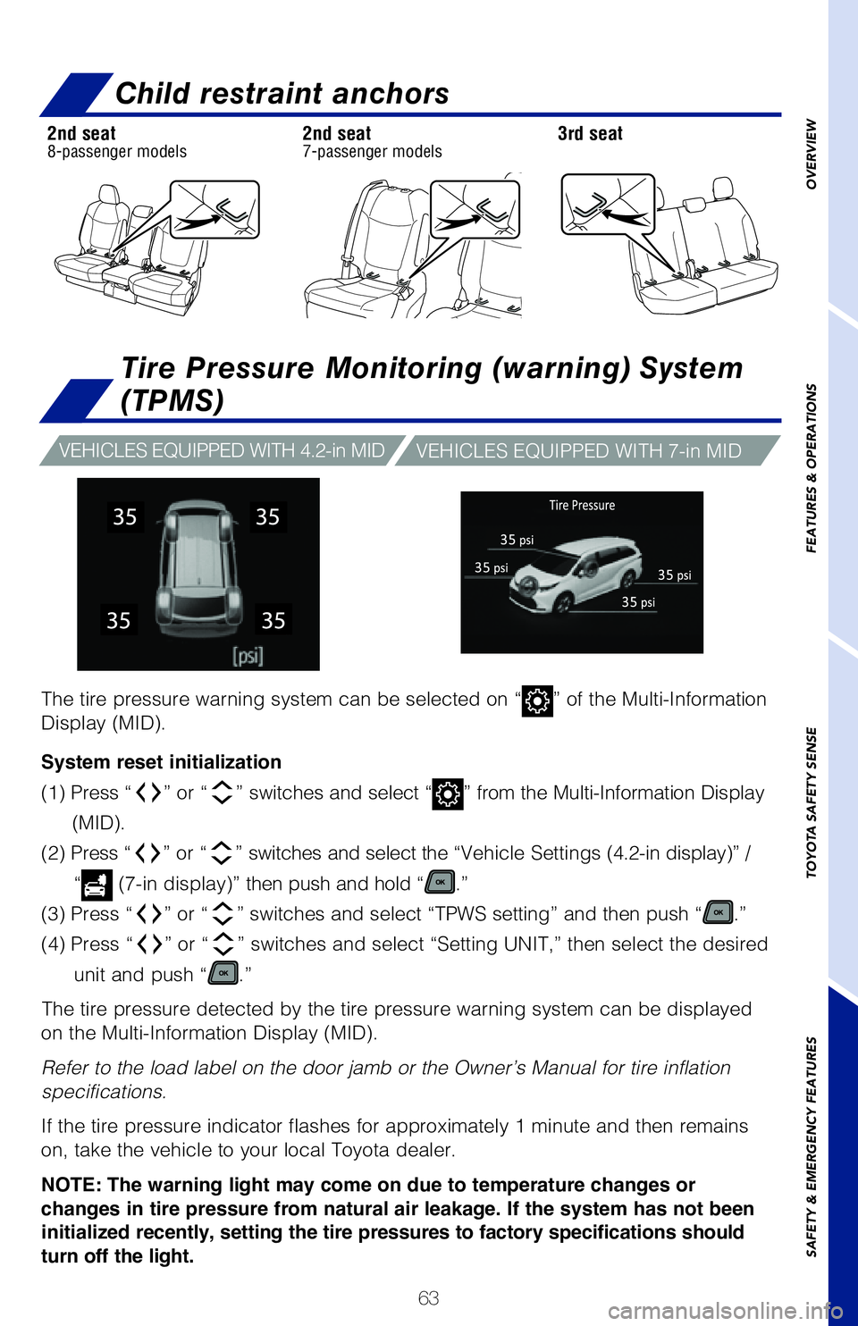 TOYOTA SIENNA HYBRID 2021 (in English) Repair Manual 63
OVERVIEW
FEATURES & OPERATIONS
TOYOTA SAFETY SENSE
SAFETY & EMERGENCY FEATURES
Seat belts
Take up slack
NOTE: If a passenger’s seat belt is fully extended, then retracted even slightly,
the Auto TOYOTA SIENNA HYBRID 2021 (in English) Repair Manual 63
OVERVIEW
FEATURES & OPERATIONS
TOYOTA SAFETY SENSE
SAFETY & EMERGENCY FEATURES
Seat belts
Take up slack
NOTE: If a passenger’s seat belt is fully extended, then retracted even slightly,
the Auto