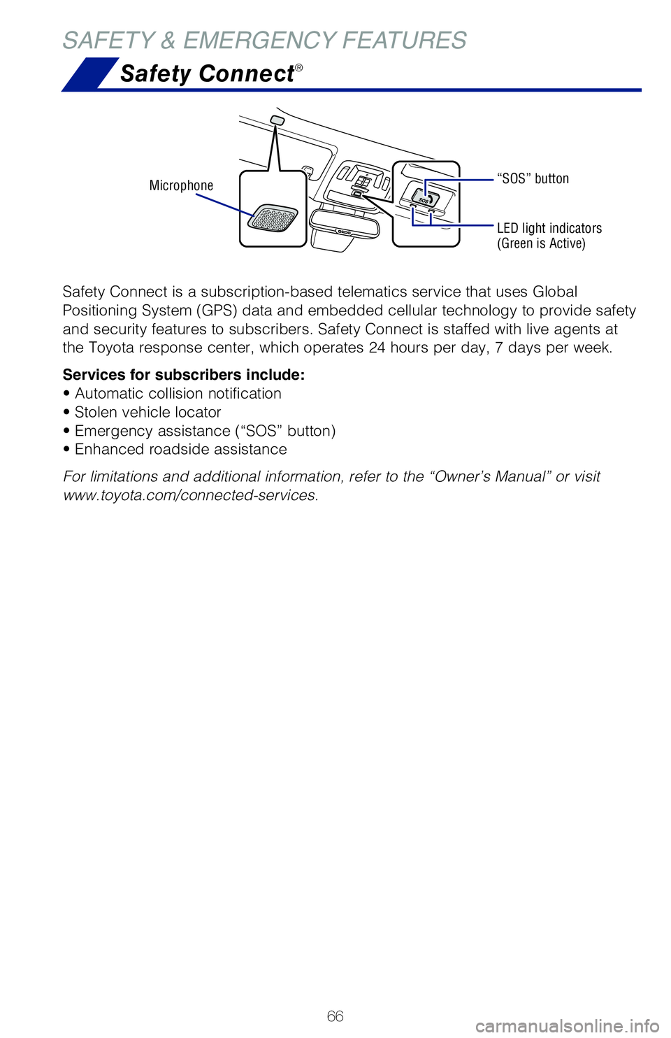 TOYOTA SIENNA HYBRID 2021 Owners Manual (in English) 66
Safety Connect®
Safety Connect is a subscription-based telematics service that uses Global
Positioning System (GPS) data and embedded cellular technology to provide safety
and security features TOYOTA SIENNA HYBRID 2021 Owners Manual (in English) 66
Safety Connect®
Safety Connect is a subscription-based telematics service that uses Global
Positioning System (GPS) data and embedded cellular technology to provide safety
and security features