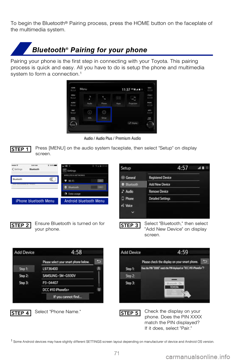 TOYOTA SIENNA HYBRID 2021 (in English) Manual PDF 71
BLUETOOTH® DEVICE PAIRING
SECTION
To begin the Bluetooth® Pairing process, press the HOME button on the faceplate of
the multimedia system.
Bluetooth® Pairing for your phone
Pairing your phone TOYOTA SIENNA HYBRID 2021 (in English) Manual PDF 71
BLUETOOTH® DEVICE PAIRING
SECTION
To begin the Bluetooth® Pairing process, press the HOME button on the faceplate of
the multimedia system.
Bluetooth® Pairing for your phone
Pairing your phone