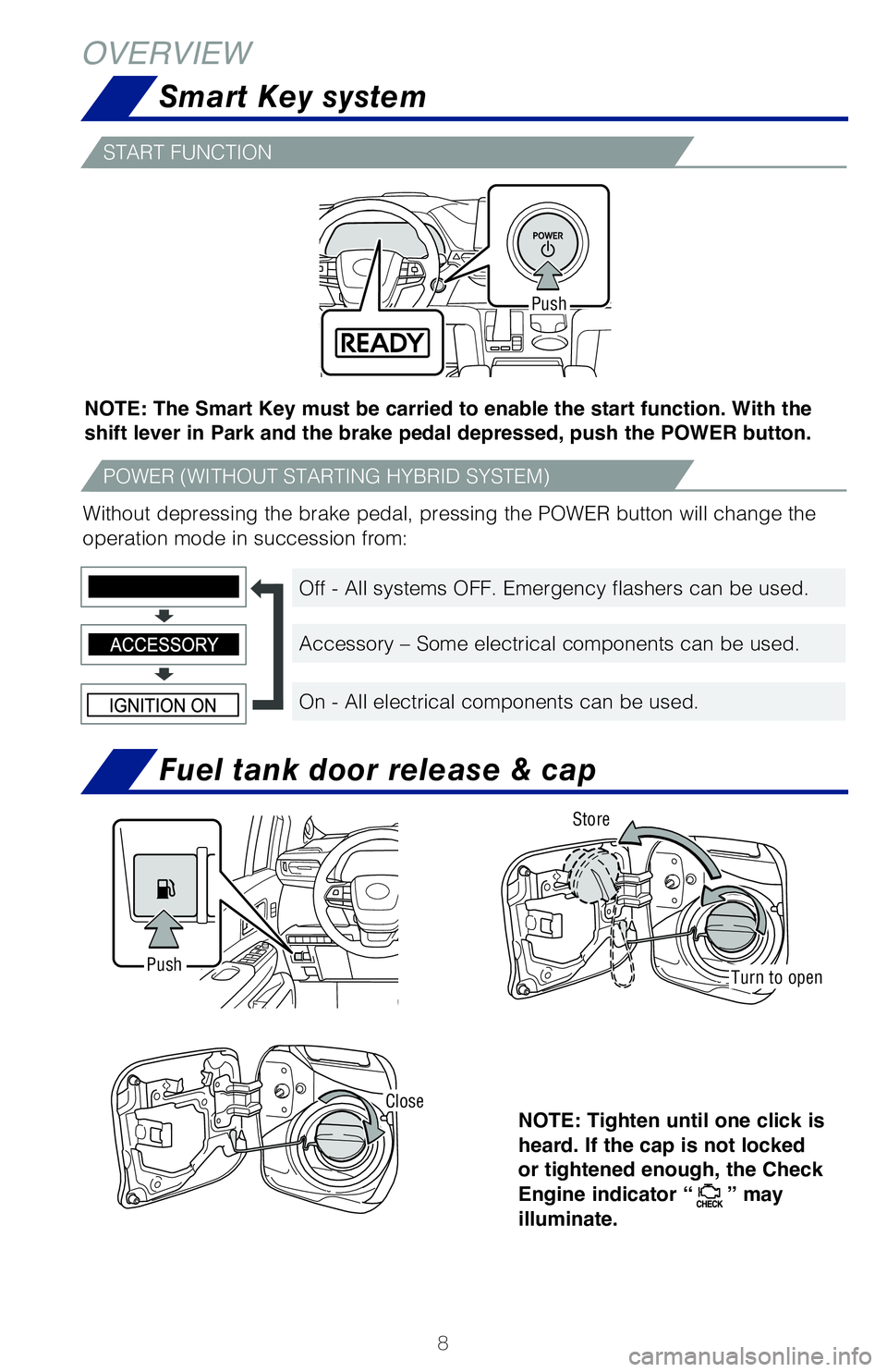 TOYOTA SIENNA HYBRID 2021 Owners Manual (in English) 8
Smart Key system
OVERVIEW
NOTE: The Smart Key must be carried to enable the start function. With the
shift lever in Park and the brake pedal depressed, push the POWER button.
Without depressing the TOYOTA SIENNA HYBRID 2021 Owners Manual (in English) 8
Smart Key system
OVERVIEW
NOTE: The Smart Key must be carried to enable the start function. With the
shift lever in Park and the brake pedal depressed, push the POWER button.
Without depressing the
