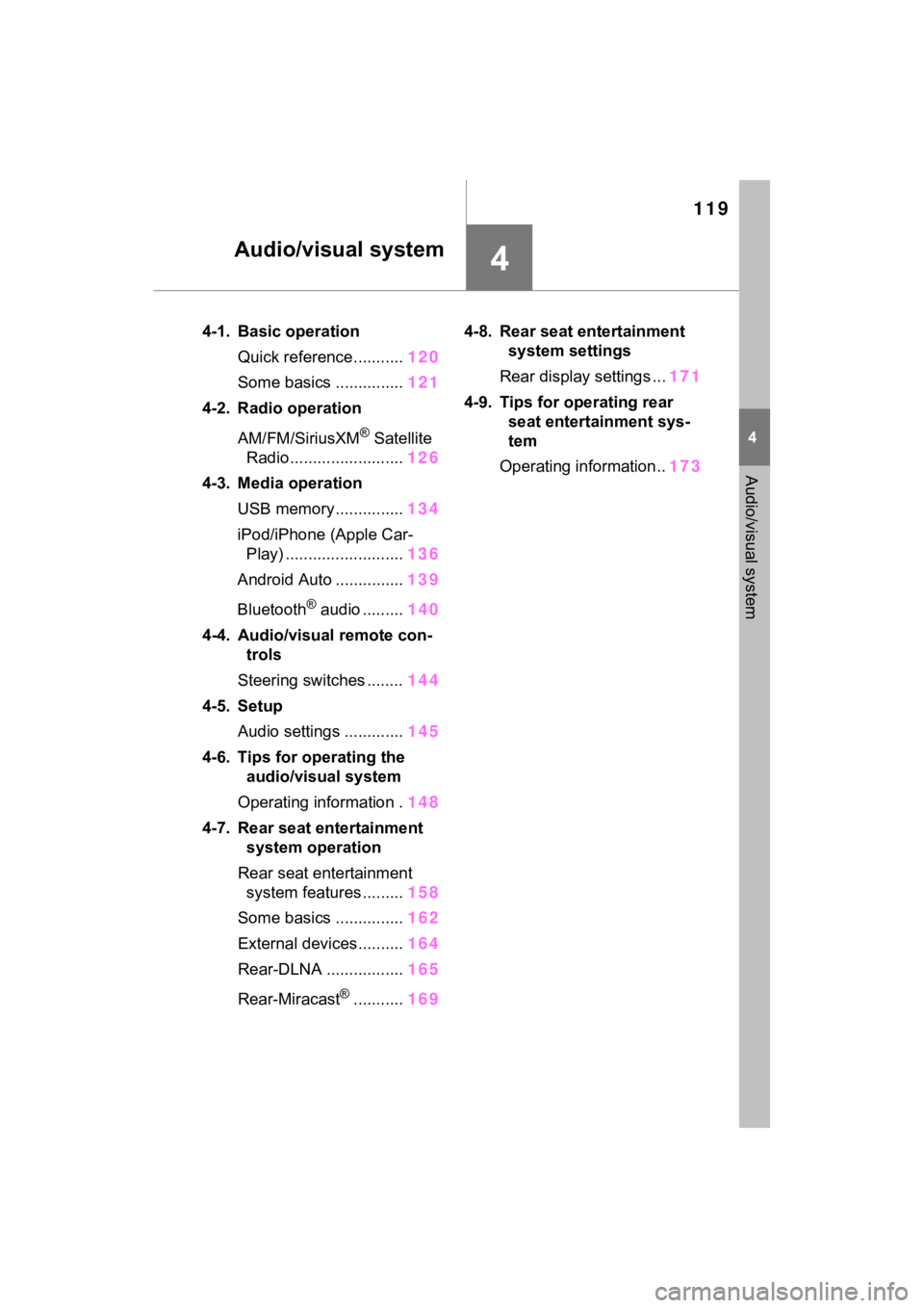 TOYOTA SIENNA HYBRID 2021  Accessories, Audio & Navigation (in English) 119
4
4
Audio/visual system
Audio/visual system
4-1. Basic operationQuick reference........... 120
Some basics ............... 121
4-2. Radio operation
AM/FM/SiriusXM
® Satellite 
Radio .............