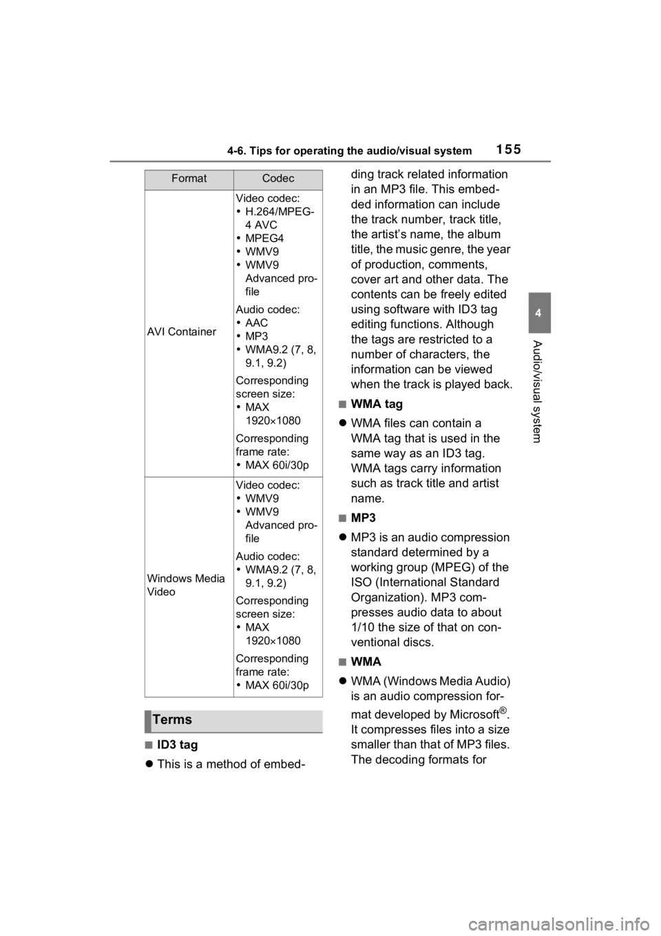TOYOTA SIENNA HYBRID 2021 Accessories, Audio & Navigation (in English) 1554-6. Tips for operating the audio/visual system
4
Audio/visual system
■ID3 tag
This is a method of embed- ding track related information
in an MP3 file. This embed-
ded information can inclu TOYOTA SIENNA HYBRID 2021 Accessories, Audio & Navigation (in English) 1554-6. Tips for operating the audio/visual system
4
Audio/visual system
■ID3 tag
This is a method of embed- ding track related information
in an MP3 file. This embed-
ded information can inclu