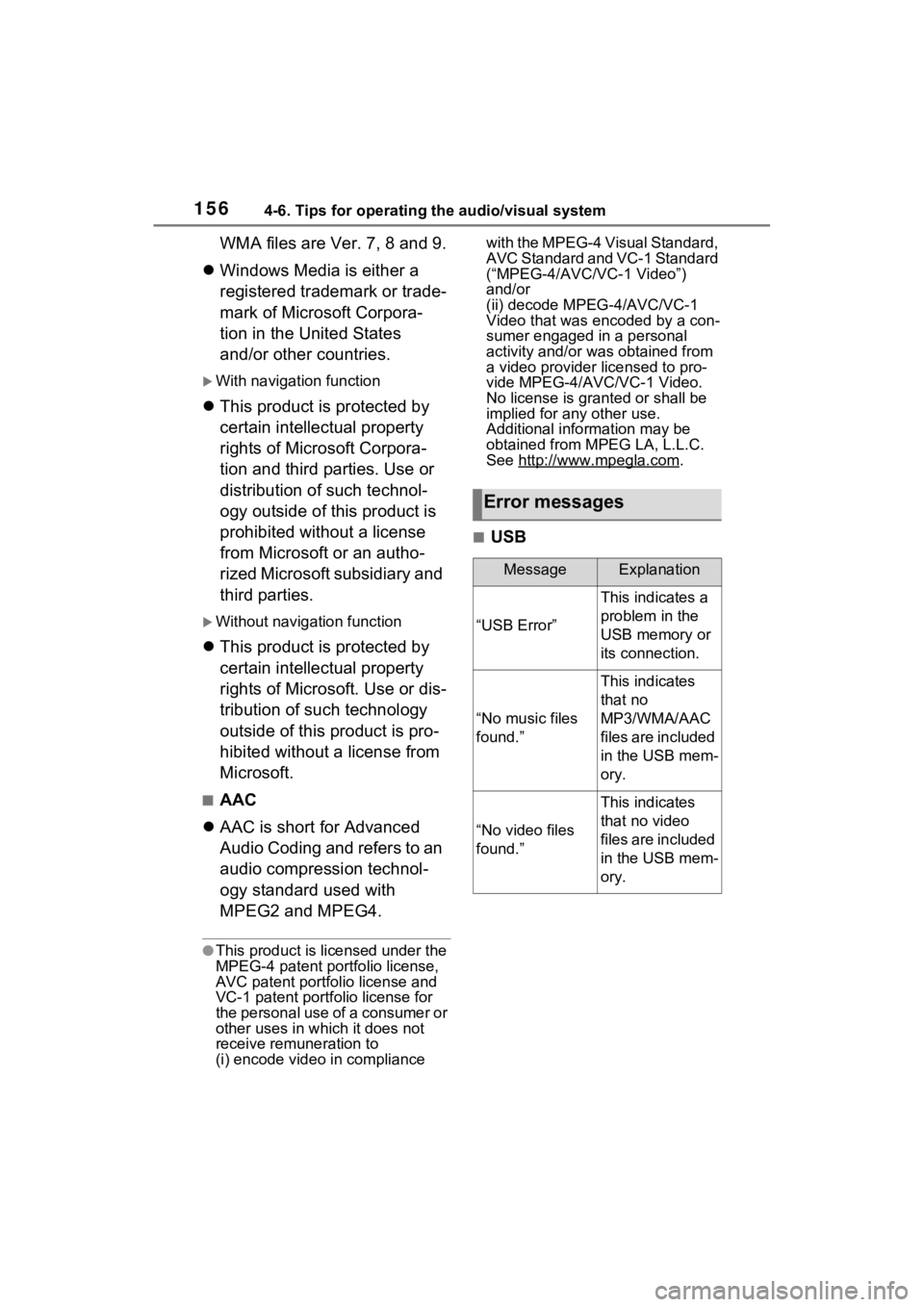 TOYOTA SIENNA HYBRID 2021 Accessories, Audio & Navigation (in English) 1564-6. Tips for operating the audio/visual system
WMA files are Ver. 7, 8 and 9.
Windows Media is either a
registered trademark or trade-
mark of Microsoft Corpora-
tion in the United States
an TOYOTA SIENNA HYBRID 2021 Accessories, Audio & Navigation (in English) 1564-6. Tips for operating the audio/visual system
WMA files are Ver. 7, 8 and 9.
Windows Media is either a
registered trademark or trade-
mark of Microsoft Corpora-
tion in the United States
an
